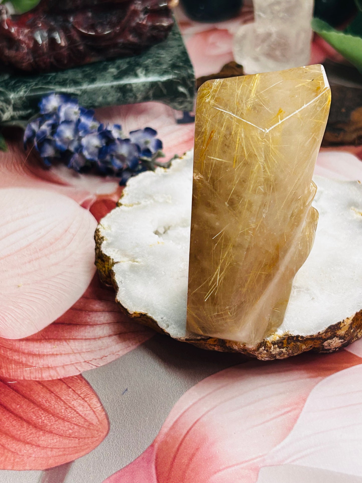 Gold rutilated quartz skull