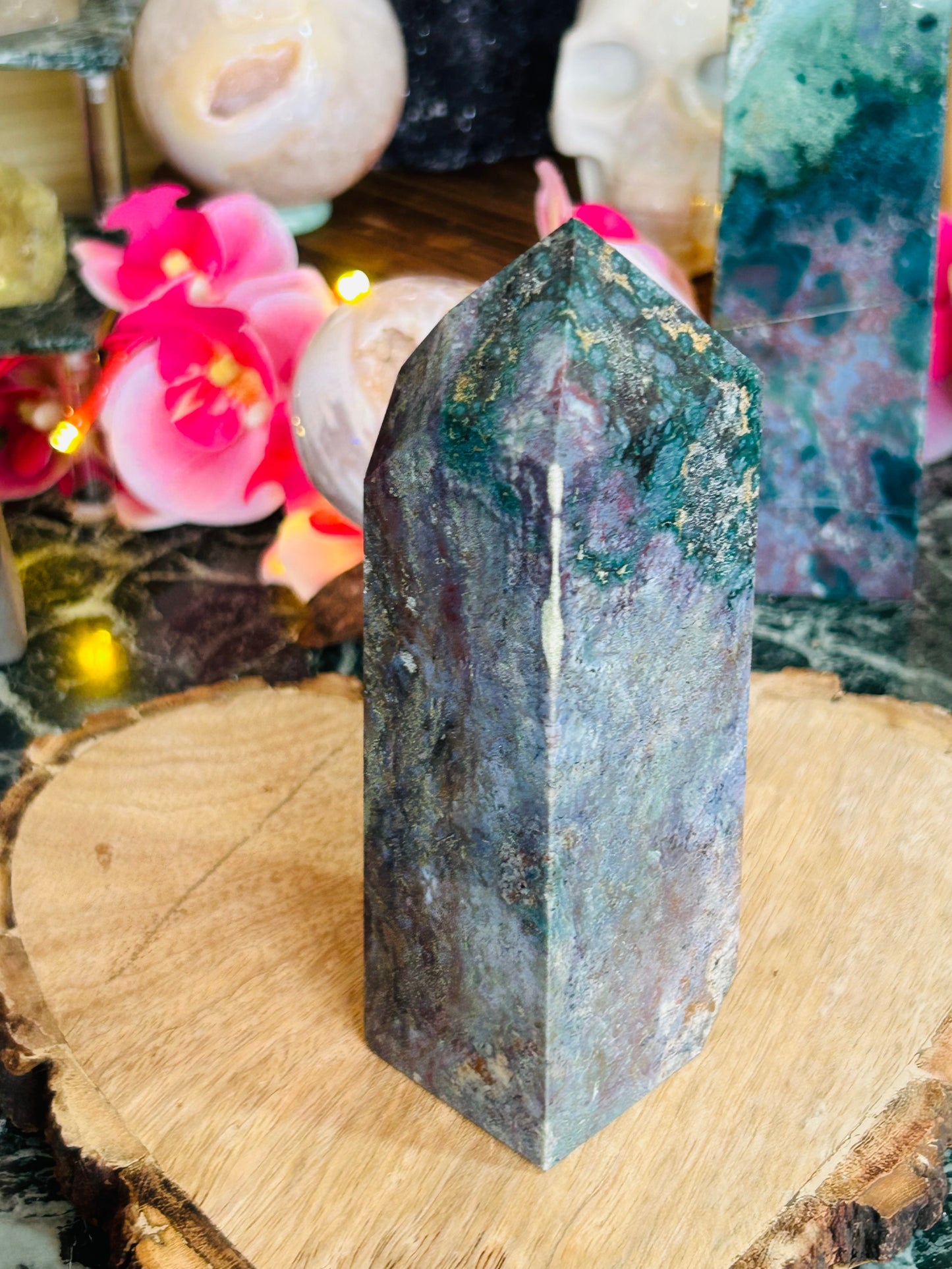 Moss agate with ocean jasper tower