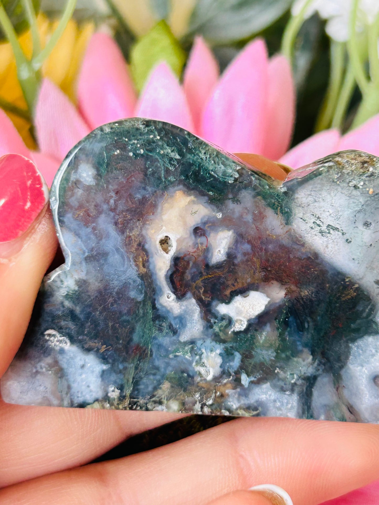 Red moss agate cloud with druzy