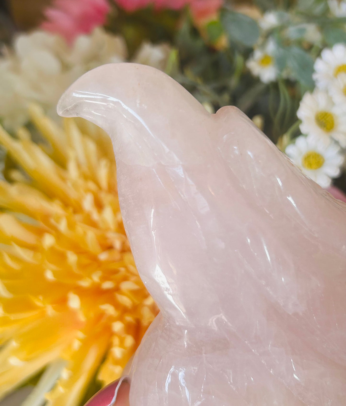 Rose quartz with golden healer eagle head