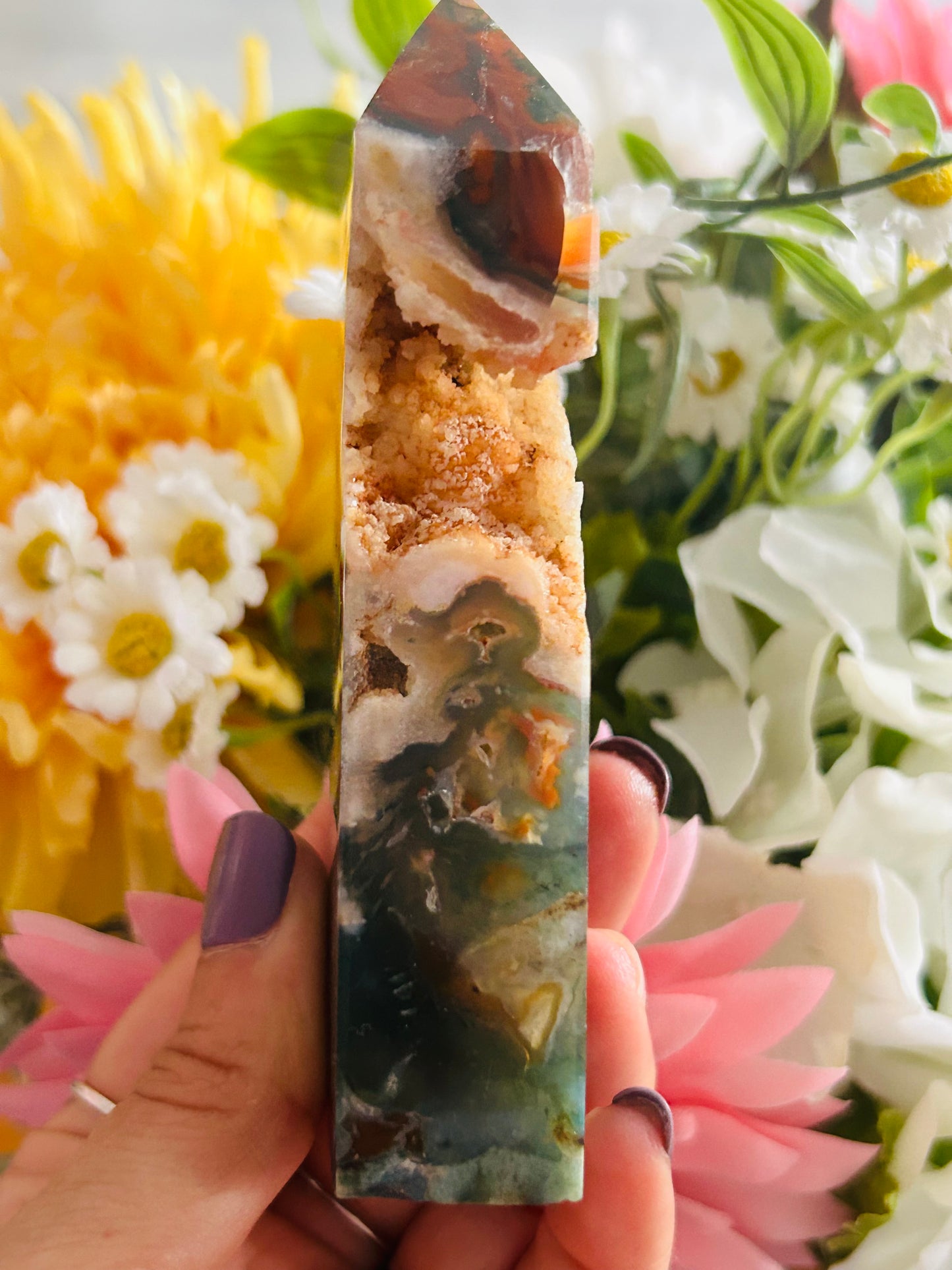 Red moss agate druzy tower
