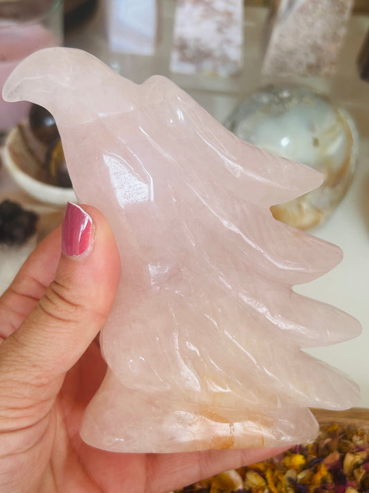 Rose quartz with golden healer eagle head