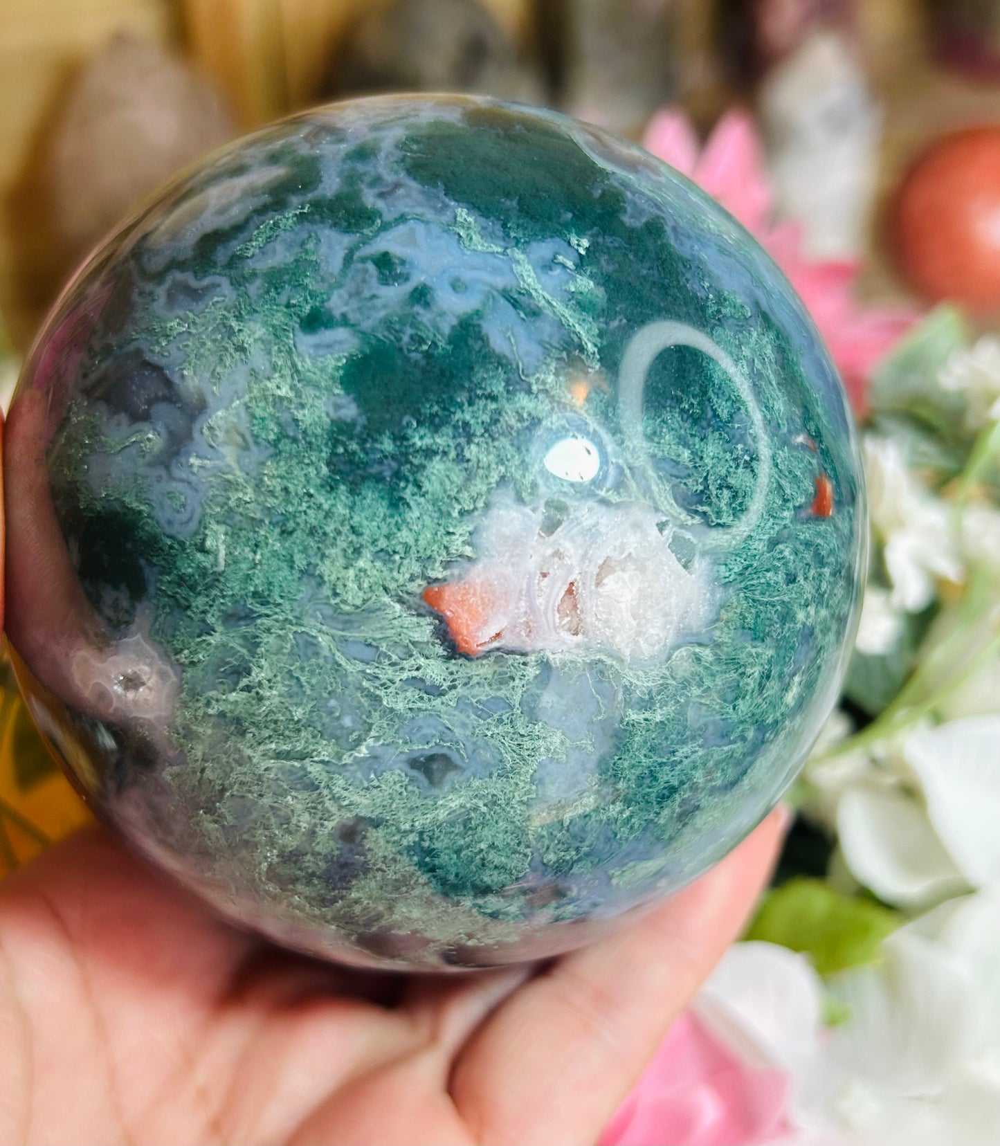 Moss agate druzy sphere
