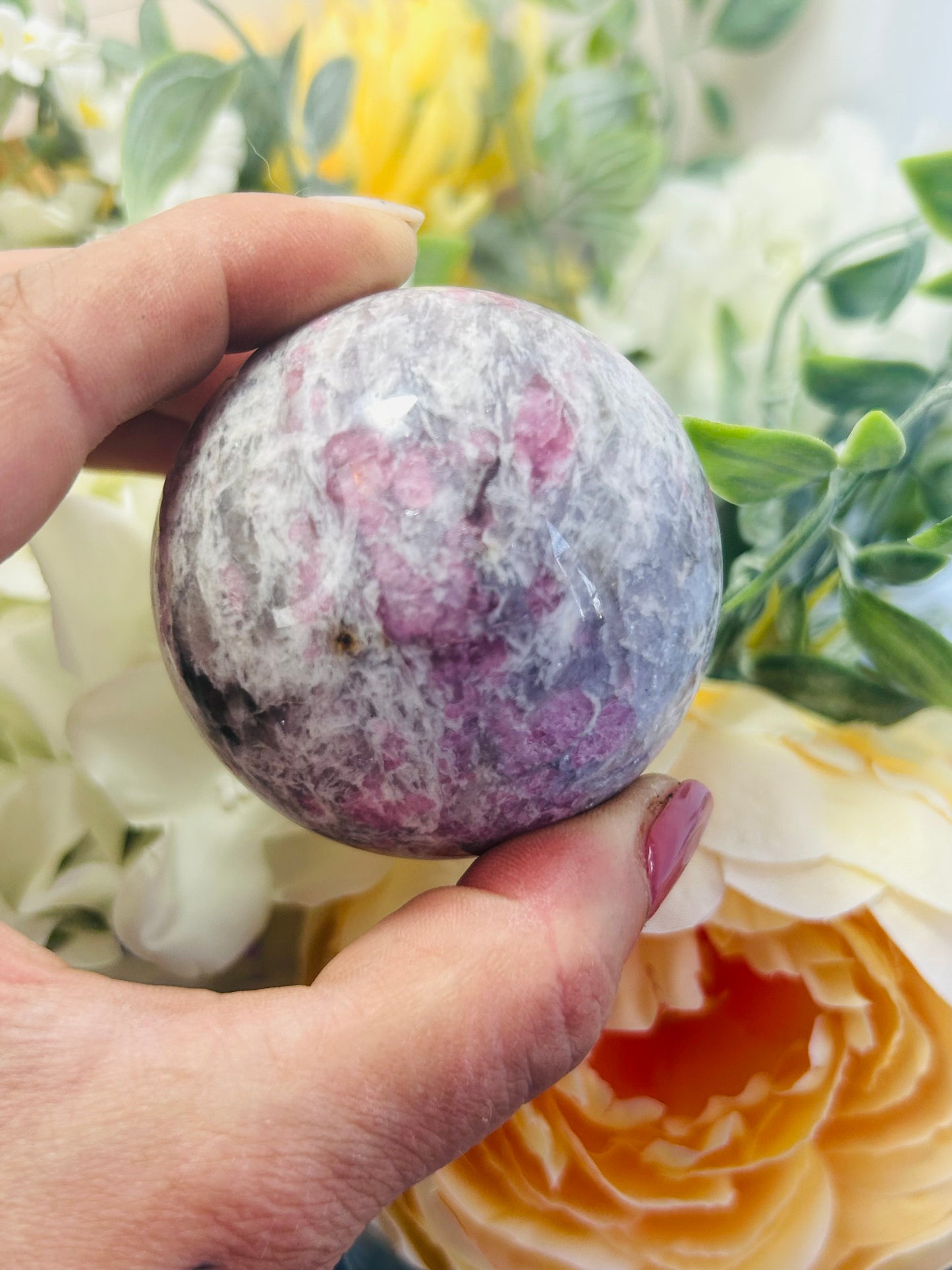 Pink tourmaline, smoky quartz and purple mica sphere