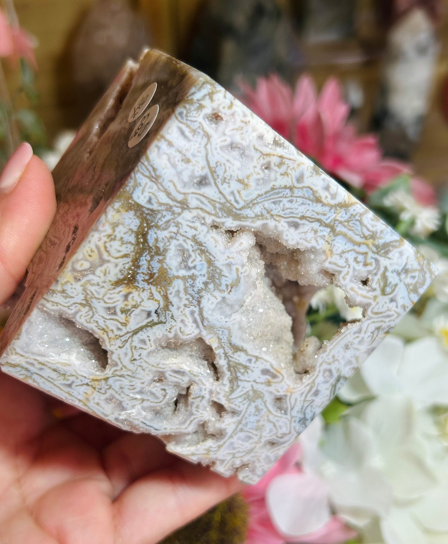 Druzy moss agate cube freestanding