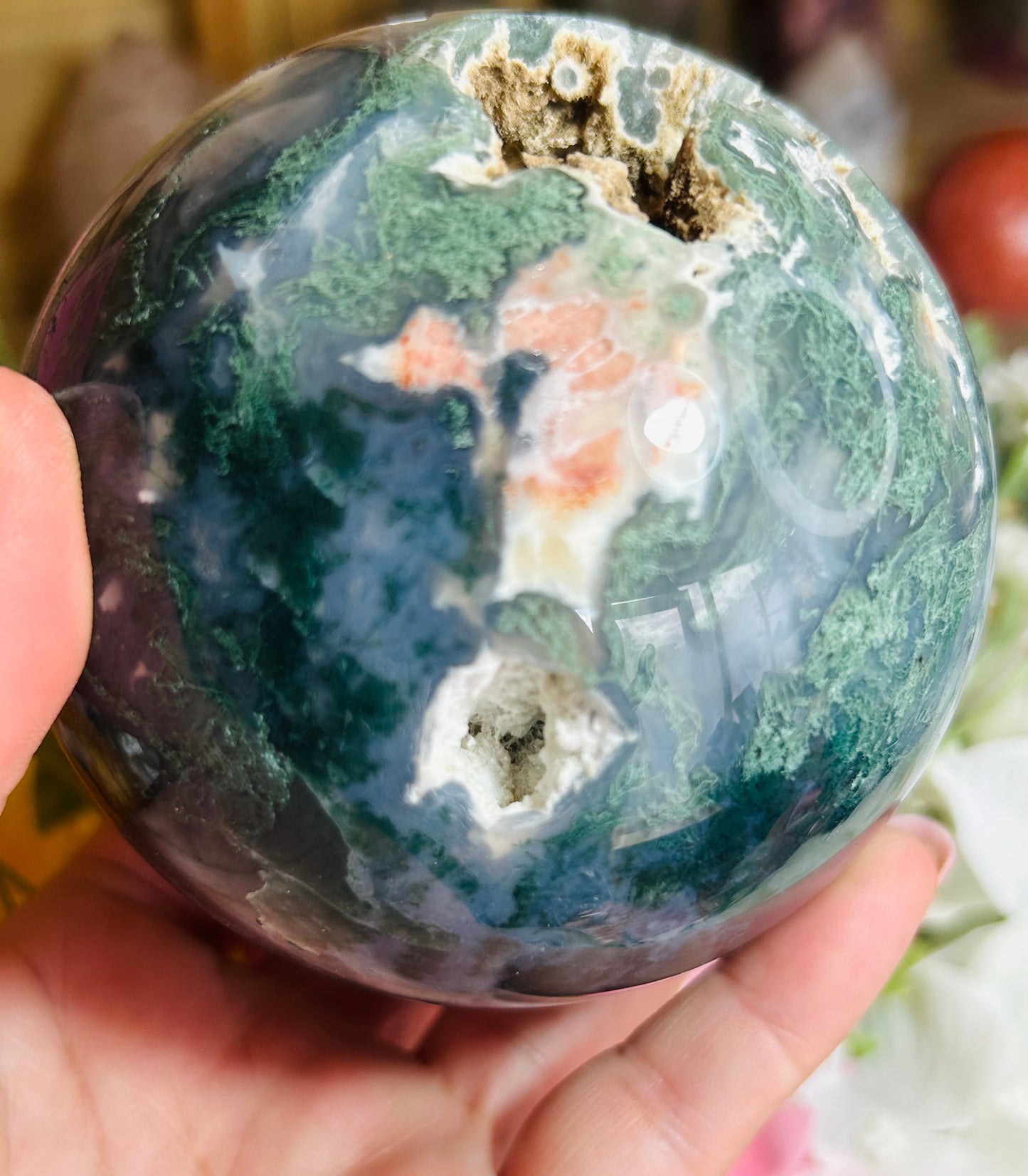 Moss agate druzy sphere