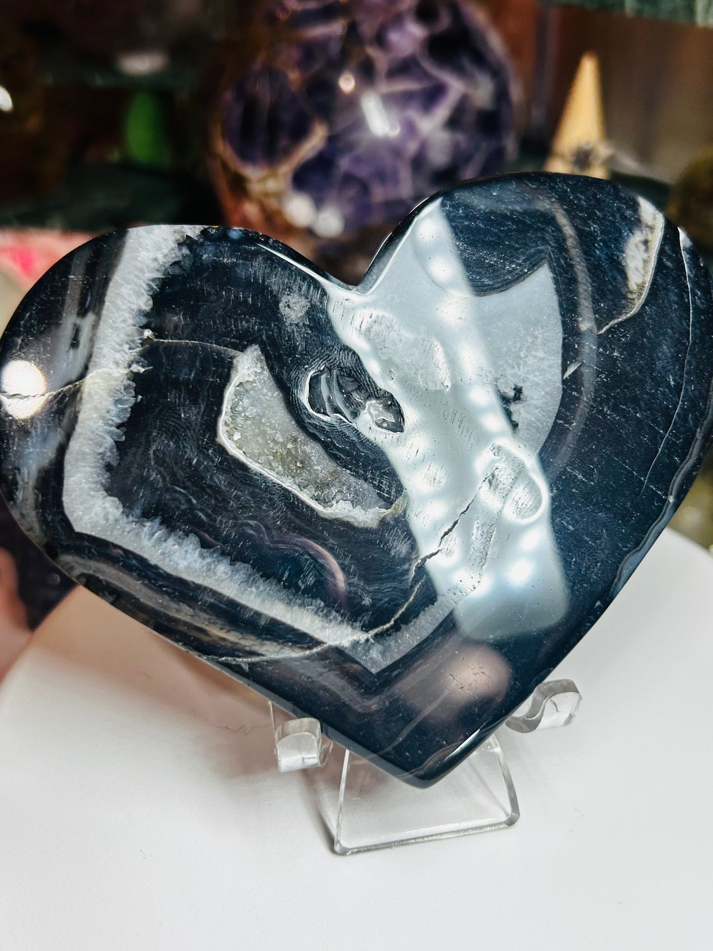 Black agate druzy heart