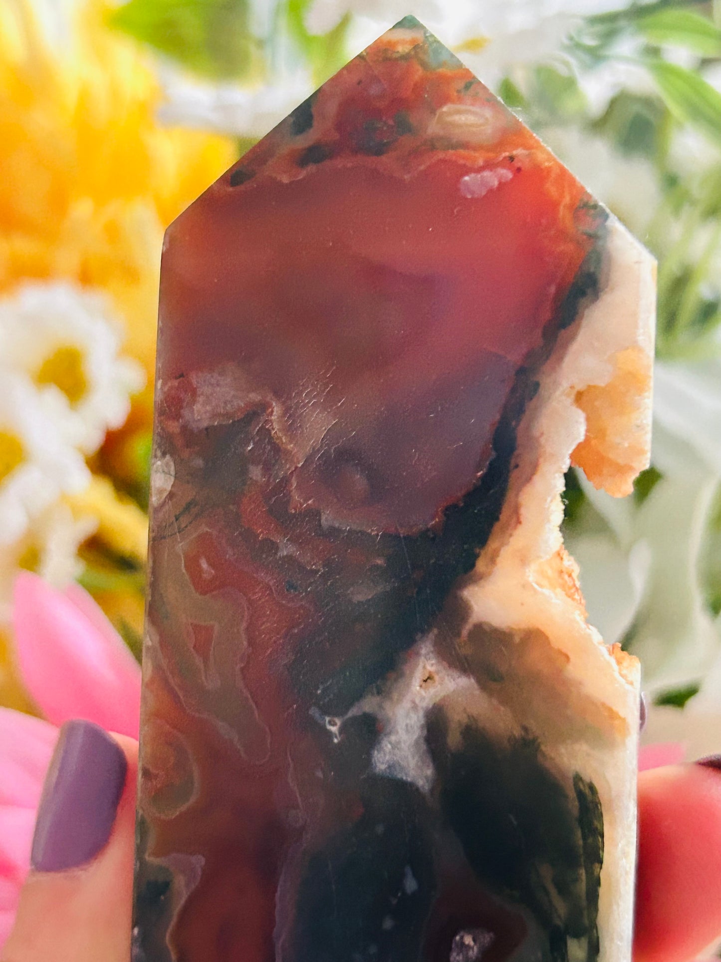Red moss agate druzy tower