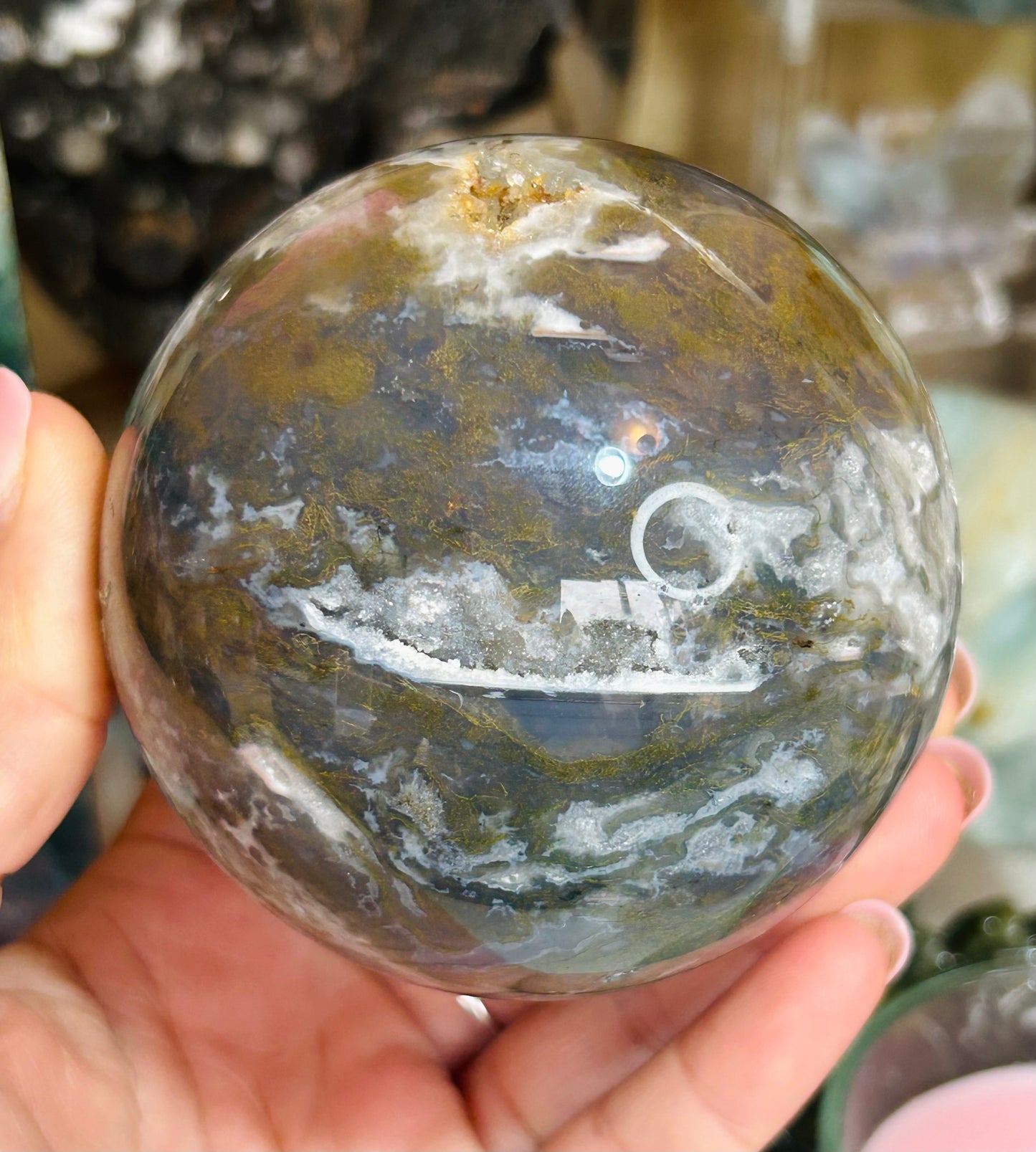 Moss agate druzy sphere