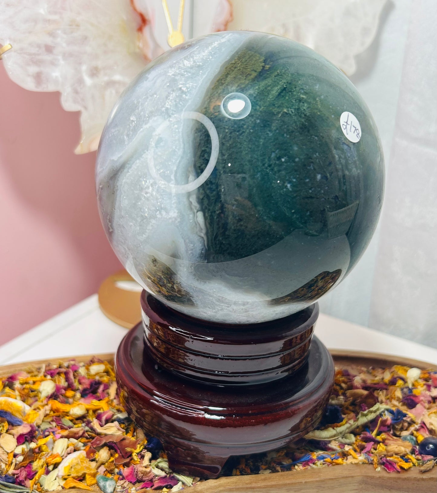Moss agate sphere with stand £178