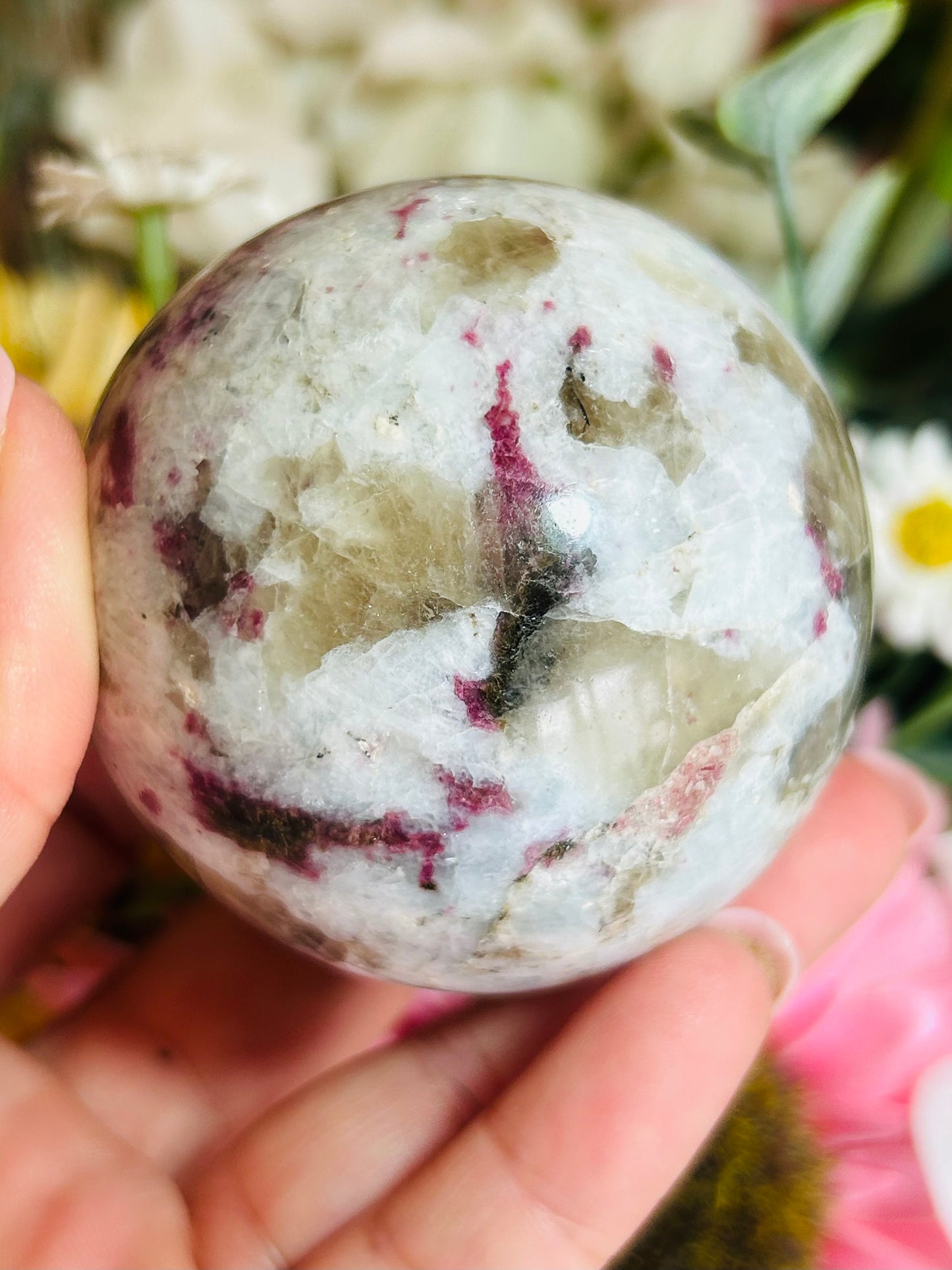 Pink tourmaline with smoky quartz sphere