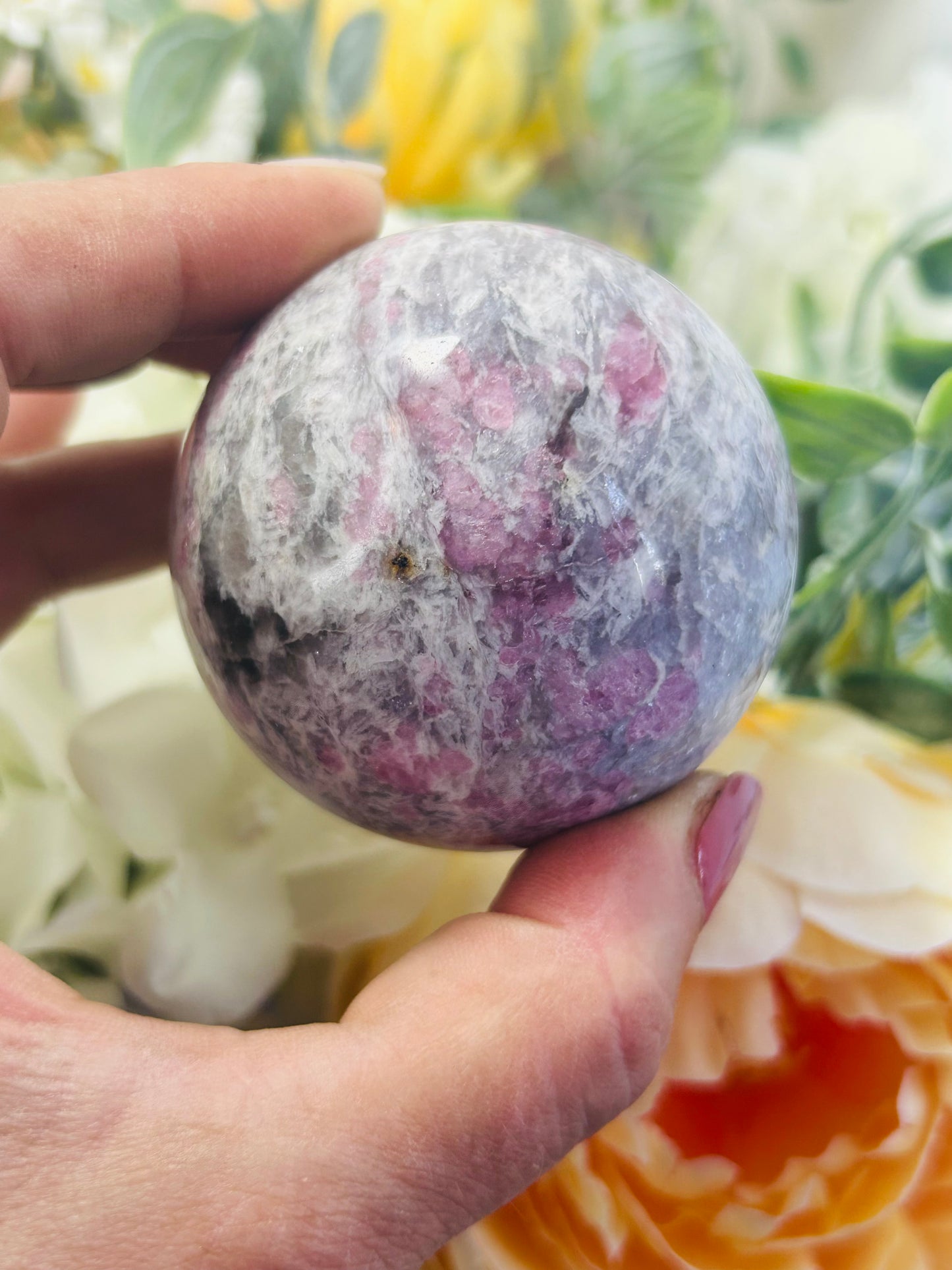 Pink tourmaline, smoky quartz and purple mica sphere