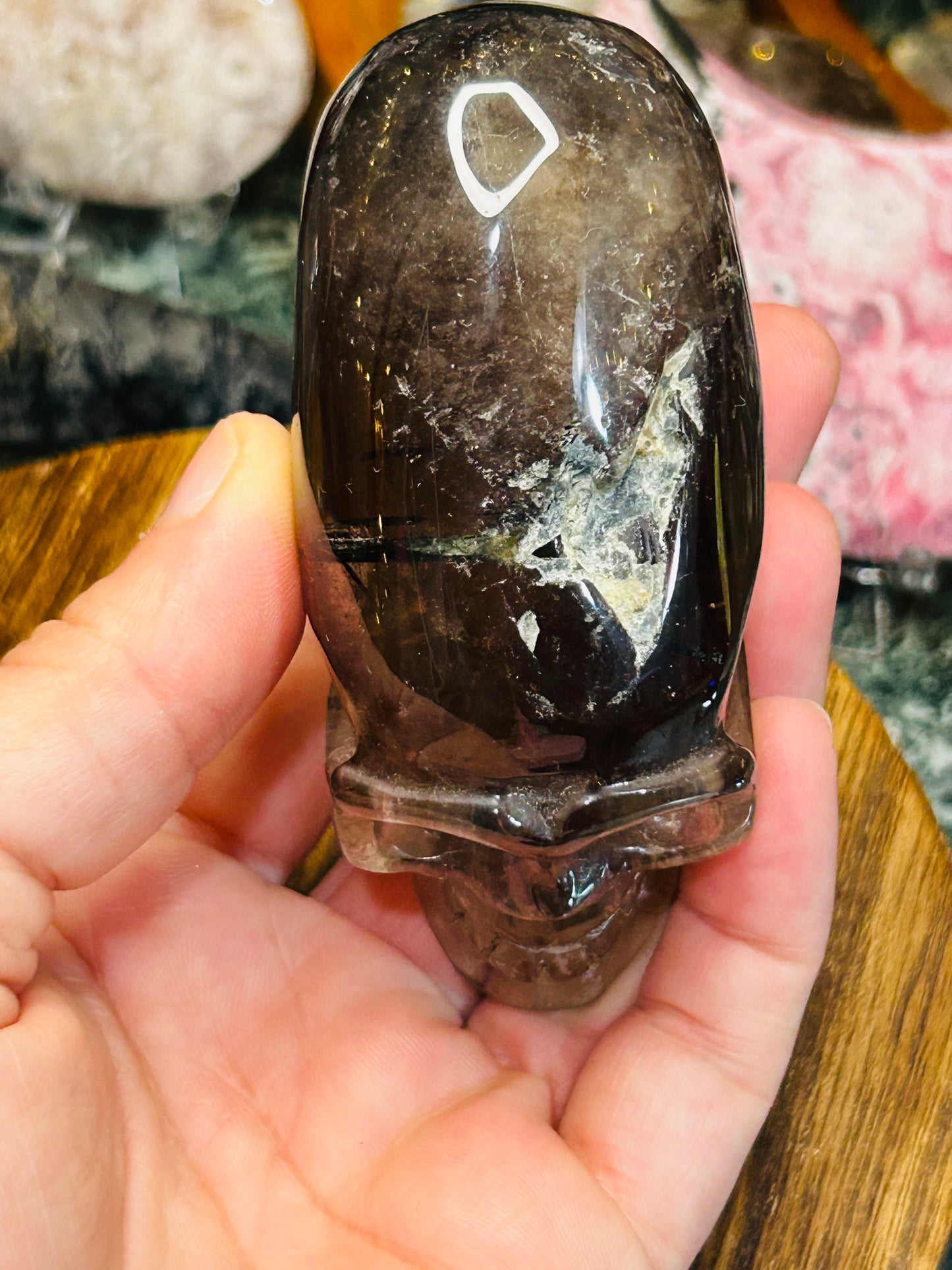 Green tourmaline in smoky quartz