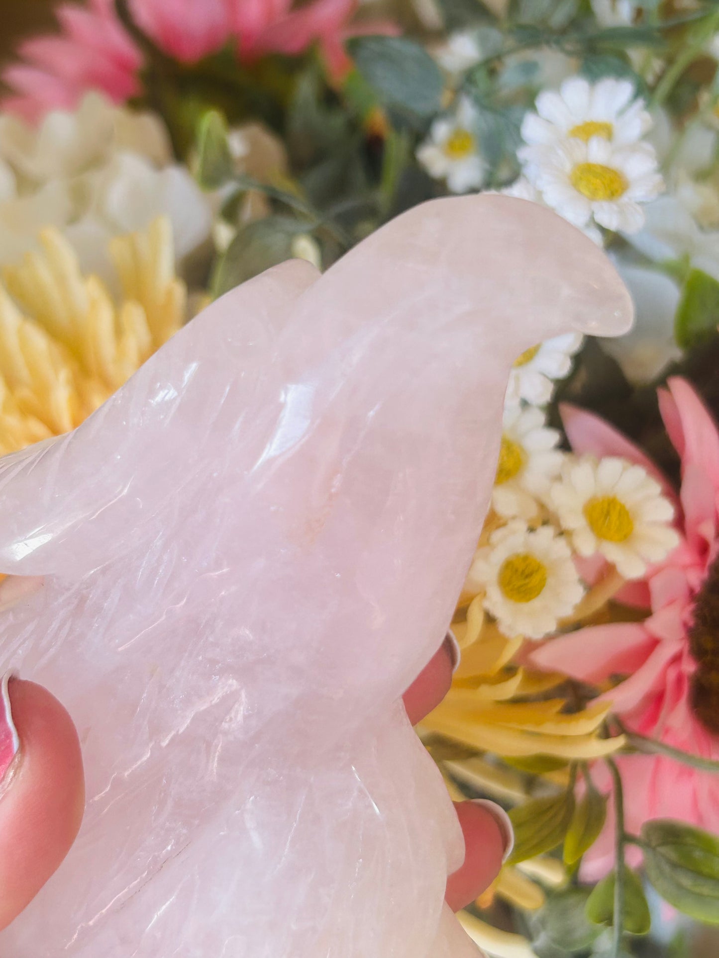 Rose quartz with golden healer eagle head