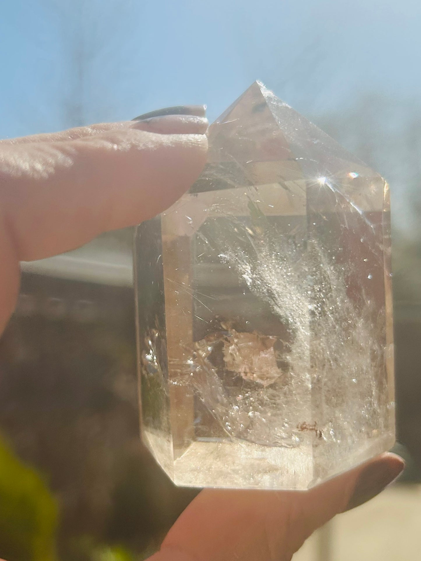 Smoky quartz tower with rutile