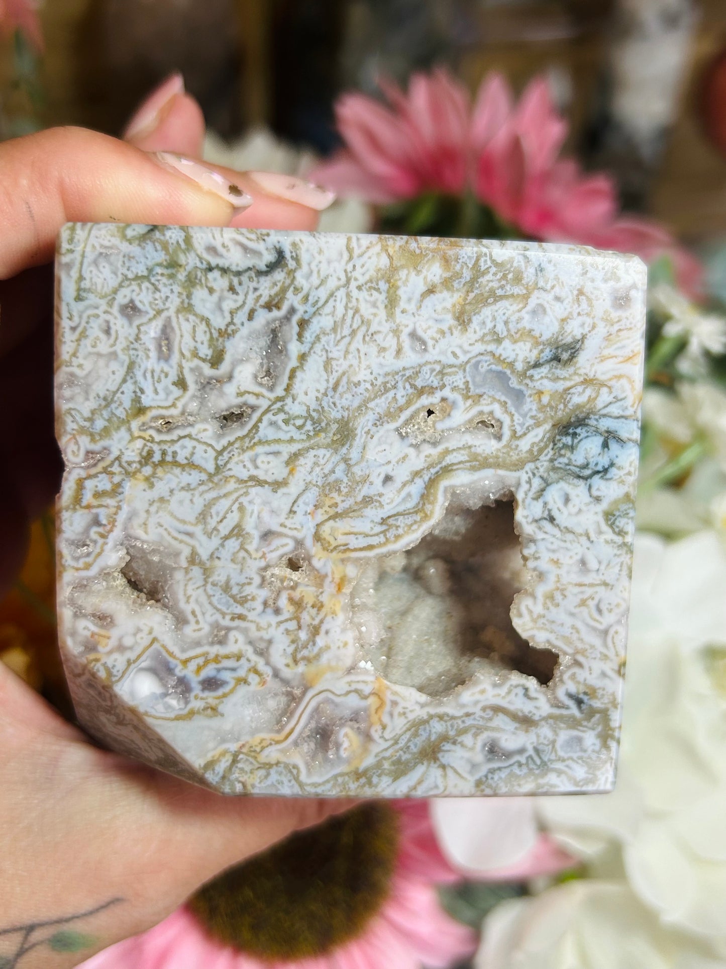 Druzy moss agate cube freestanding