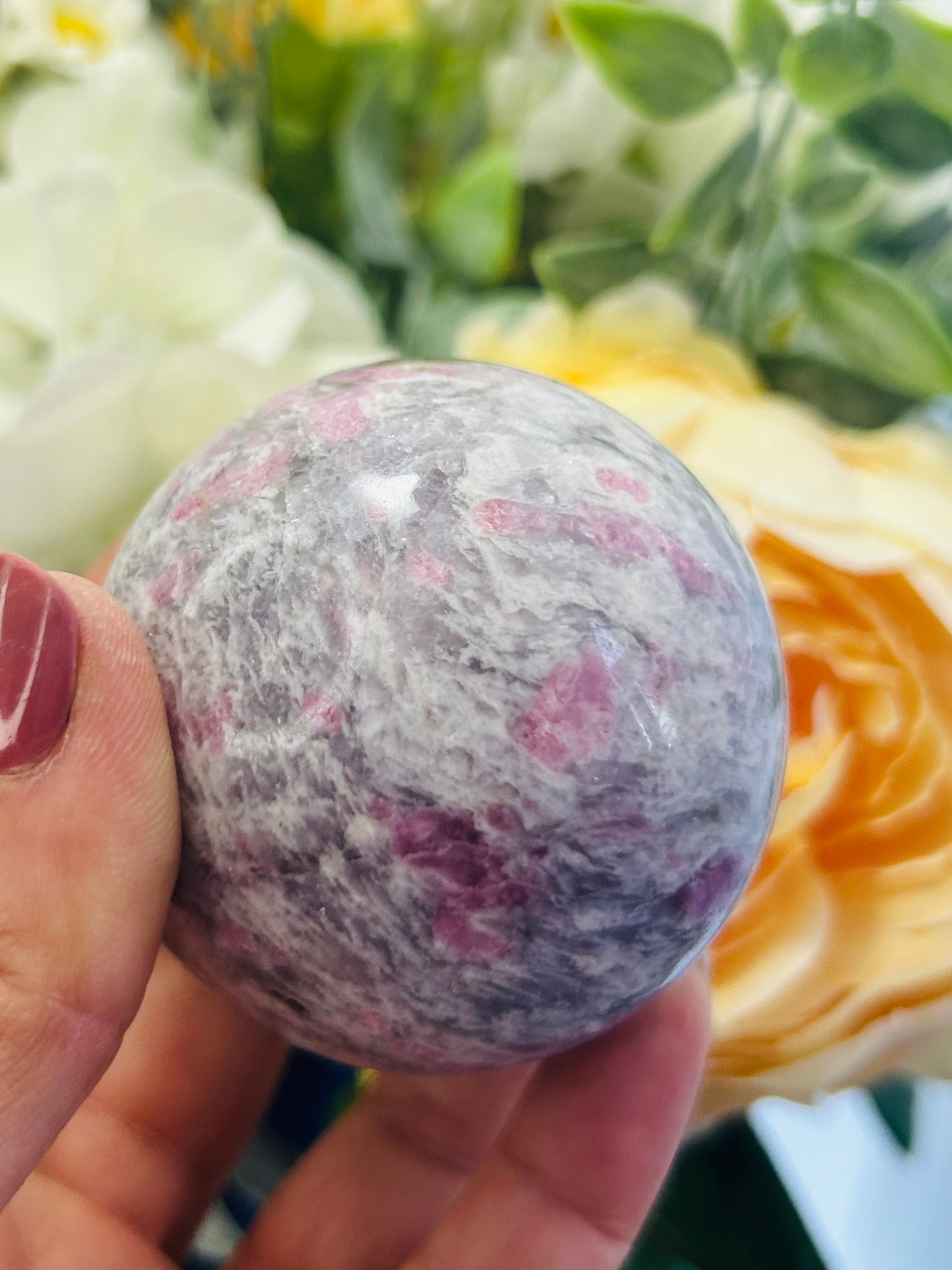 Pink tourmaline, smoky quartz and purple mica sphere