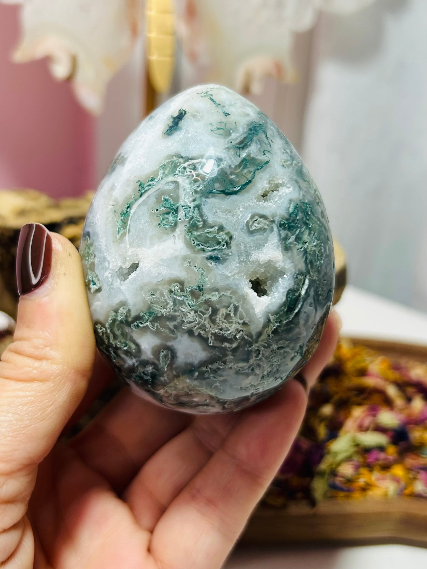 Moss agate druzy egg