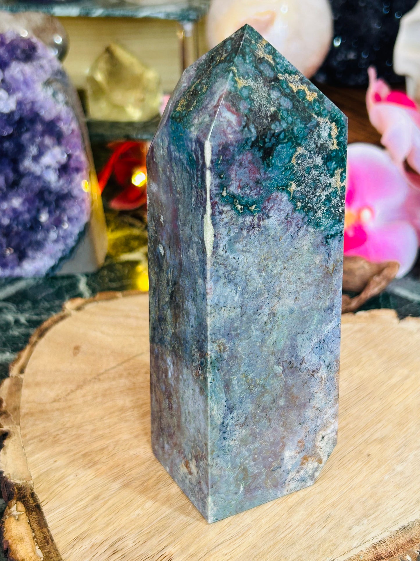 Moss agate with ocean jasper tower