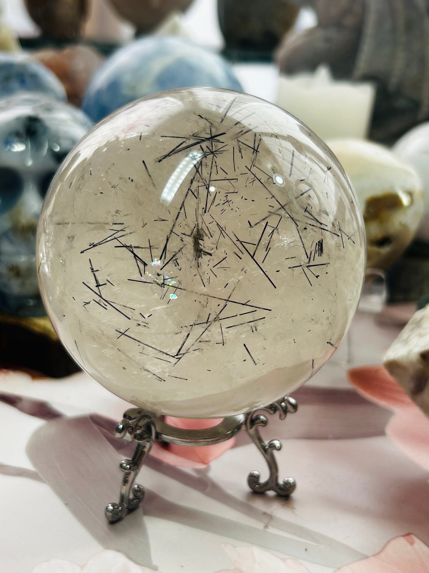 Smoky quartz with black tourmaline rutile sphere