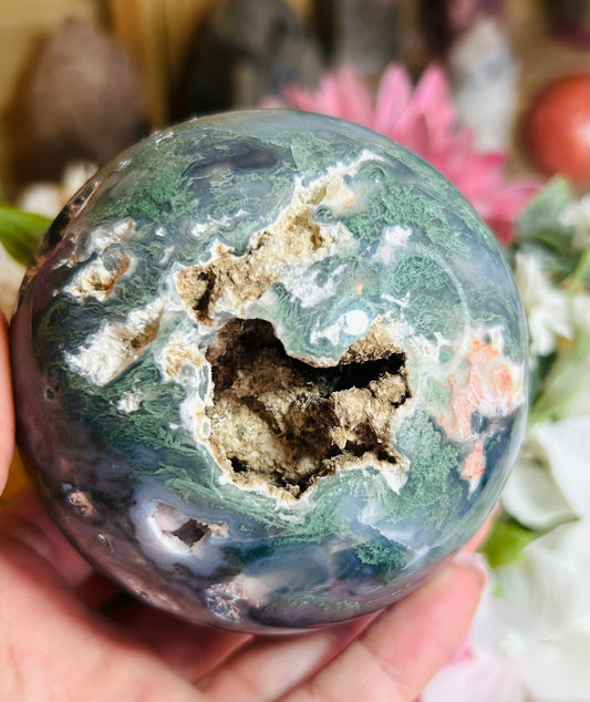 Moss agate druzy sphere