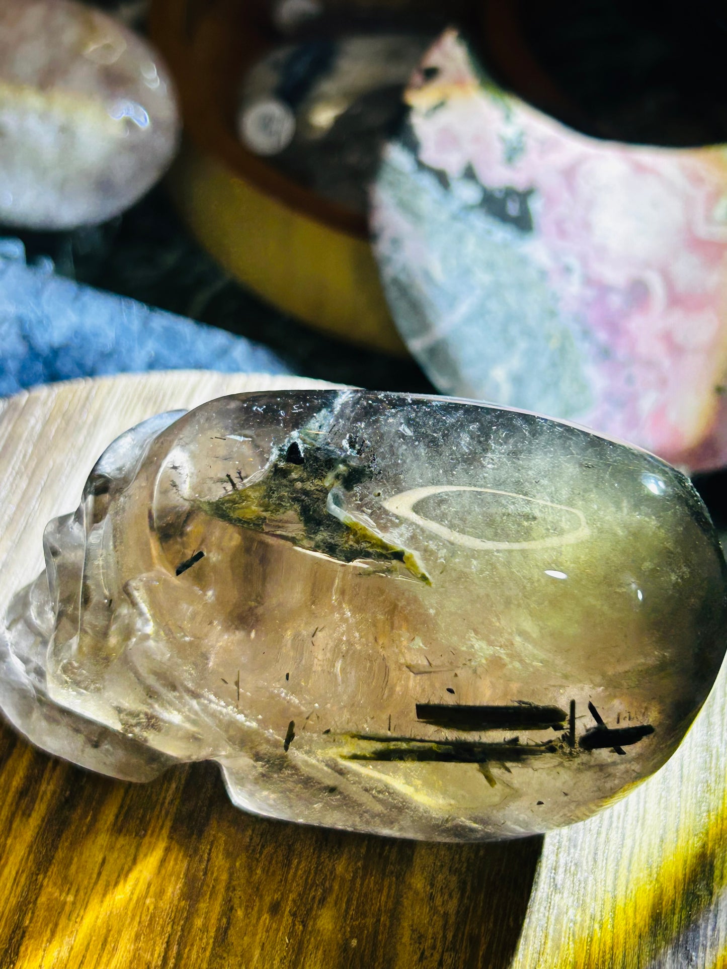 Green tourmaline in smoky quartz