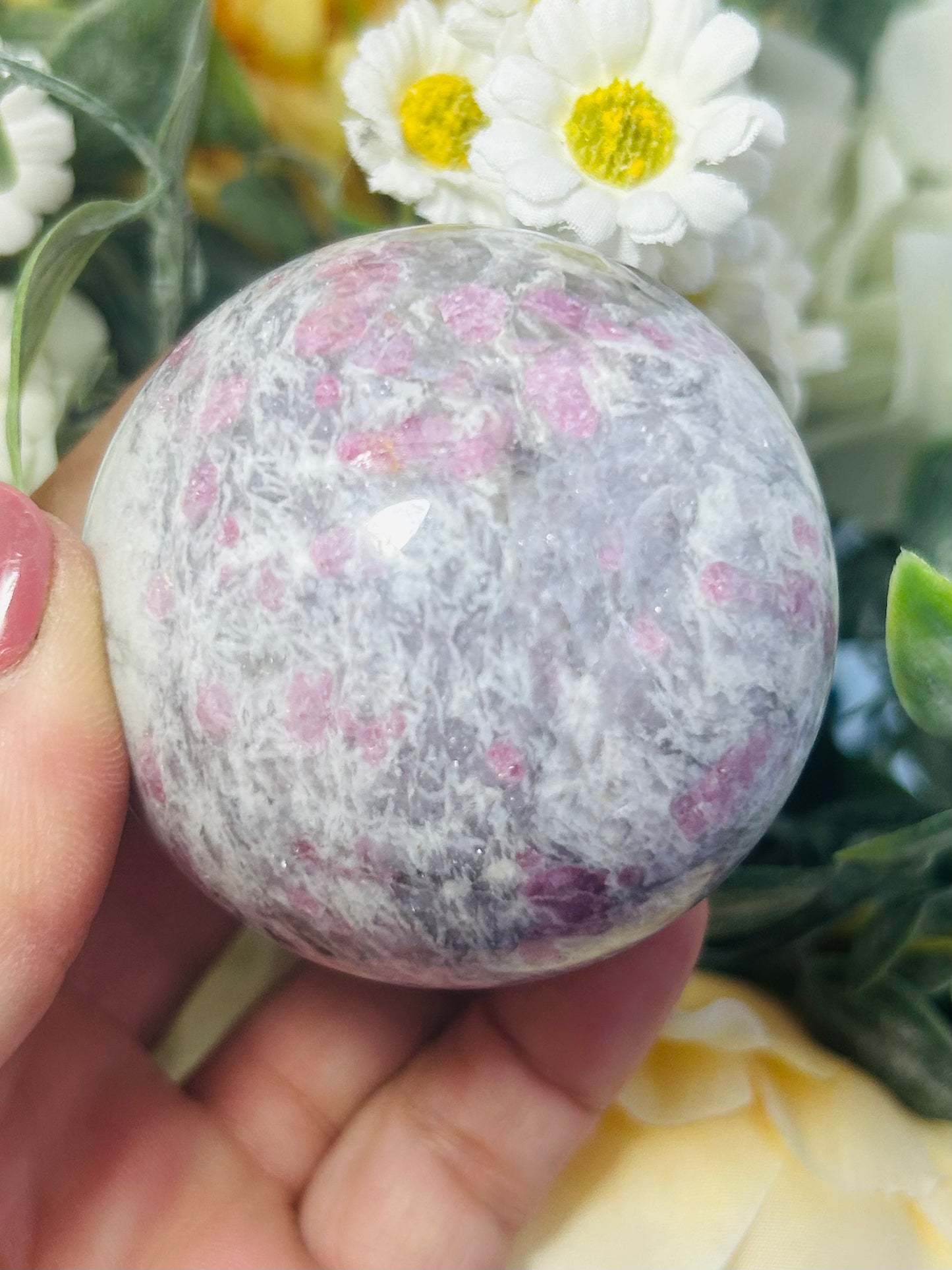 Pink tourmaline, smoky quartz and purple mica sphere
