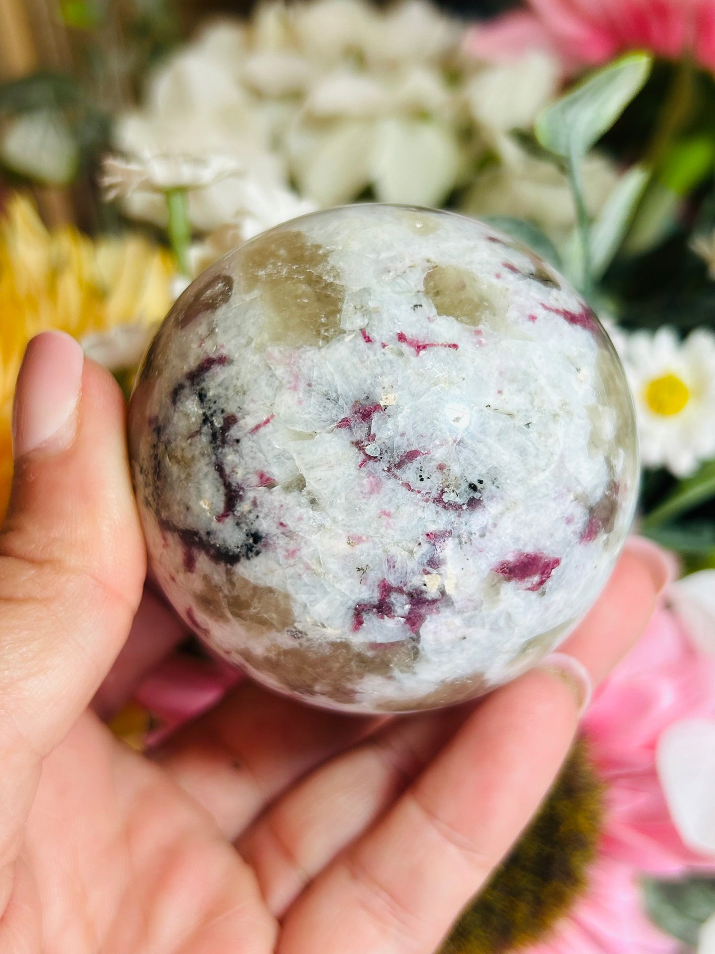 Pink tourmaline with smoky quartz sphere