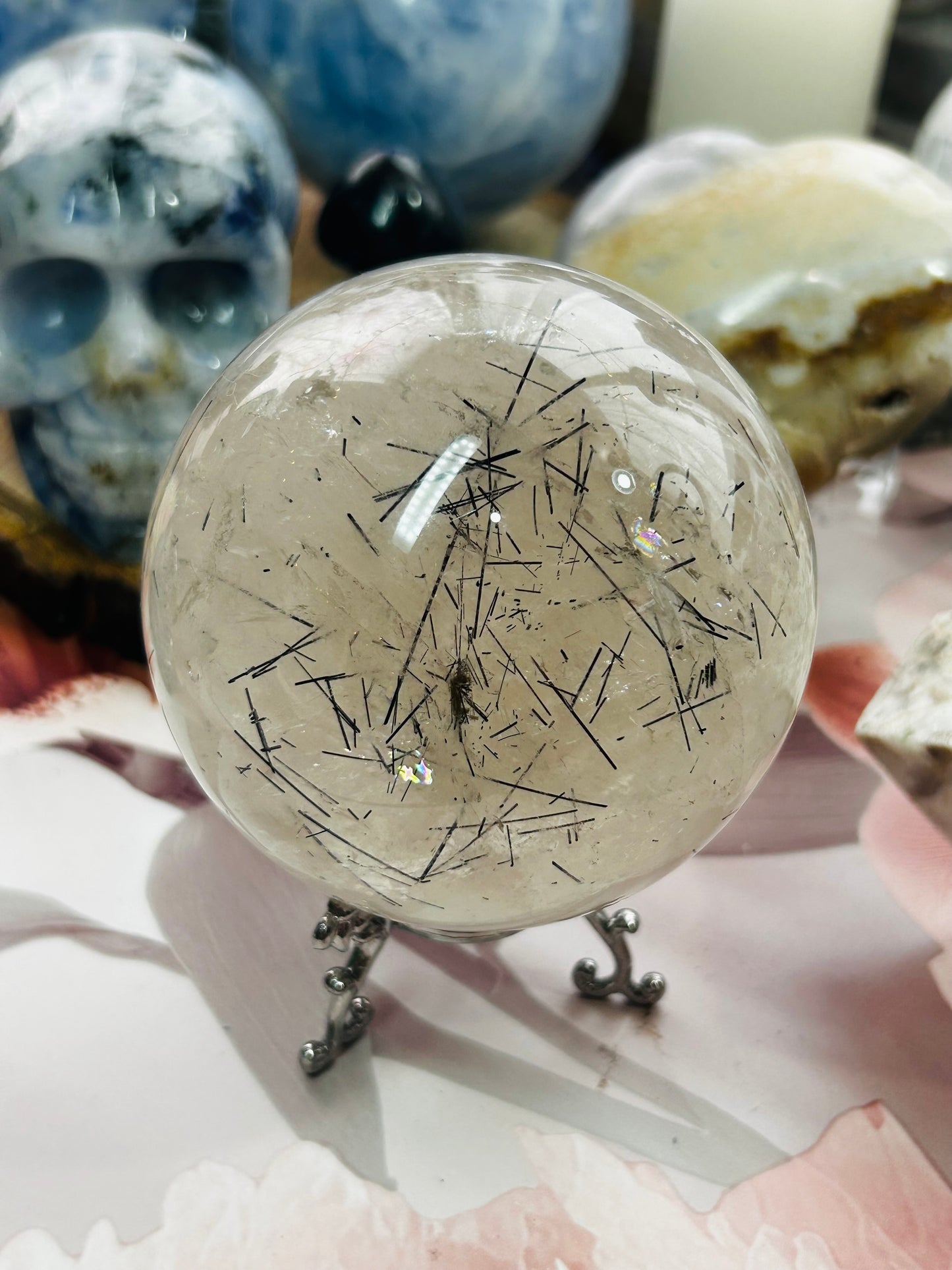 Smoky quartz with black tourmaline rutile sphere
