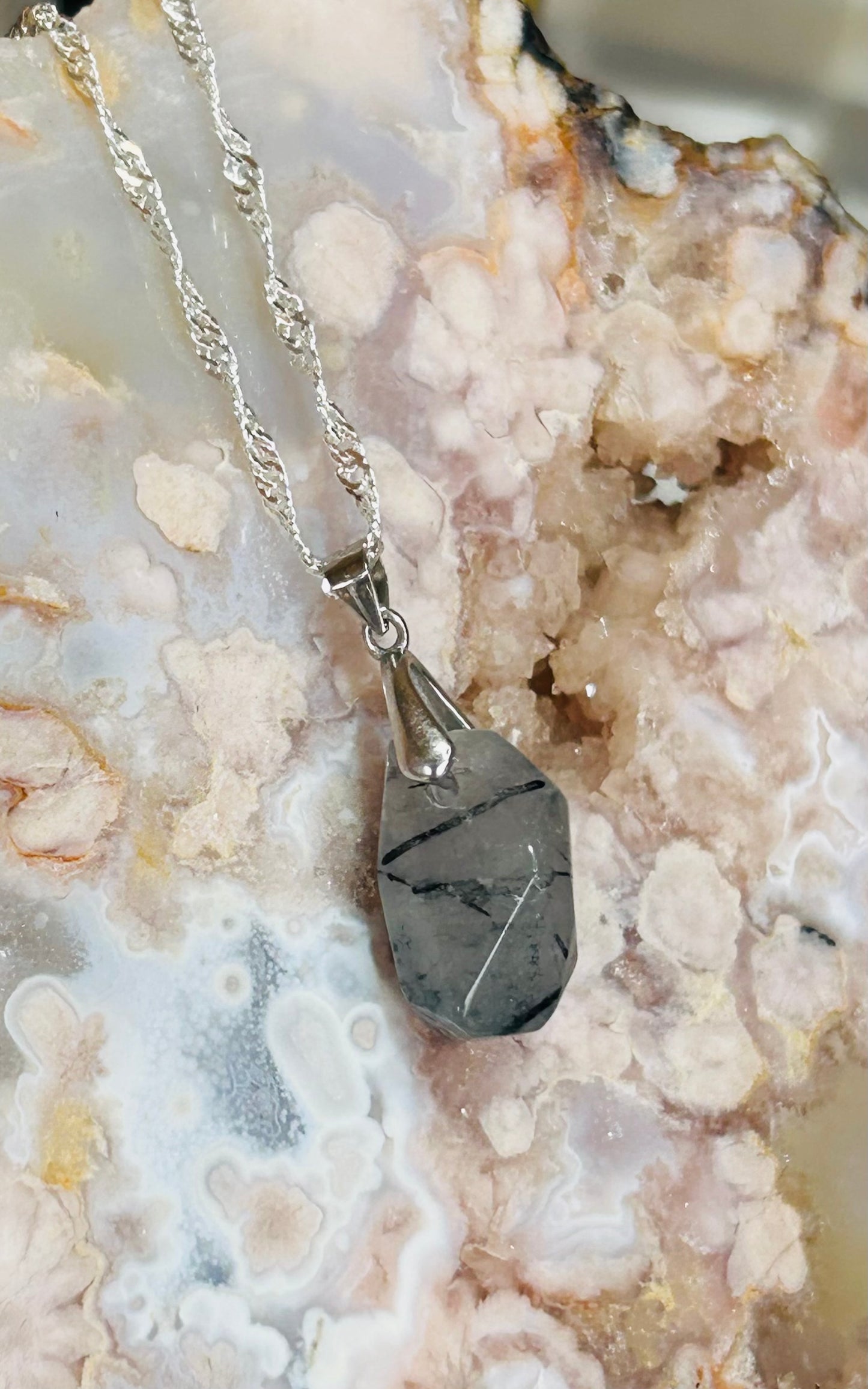 Black tourmaline in quartz s925 necklace 20”