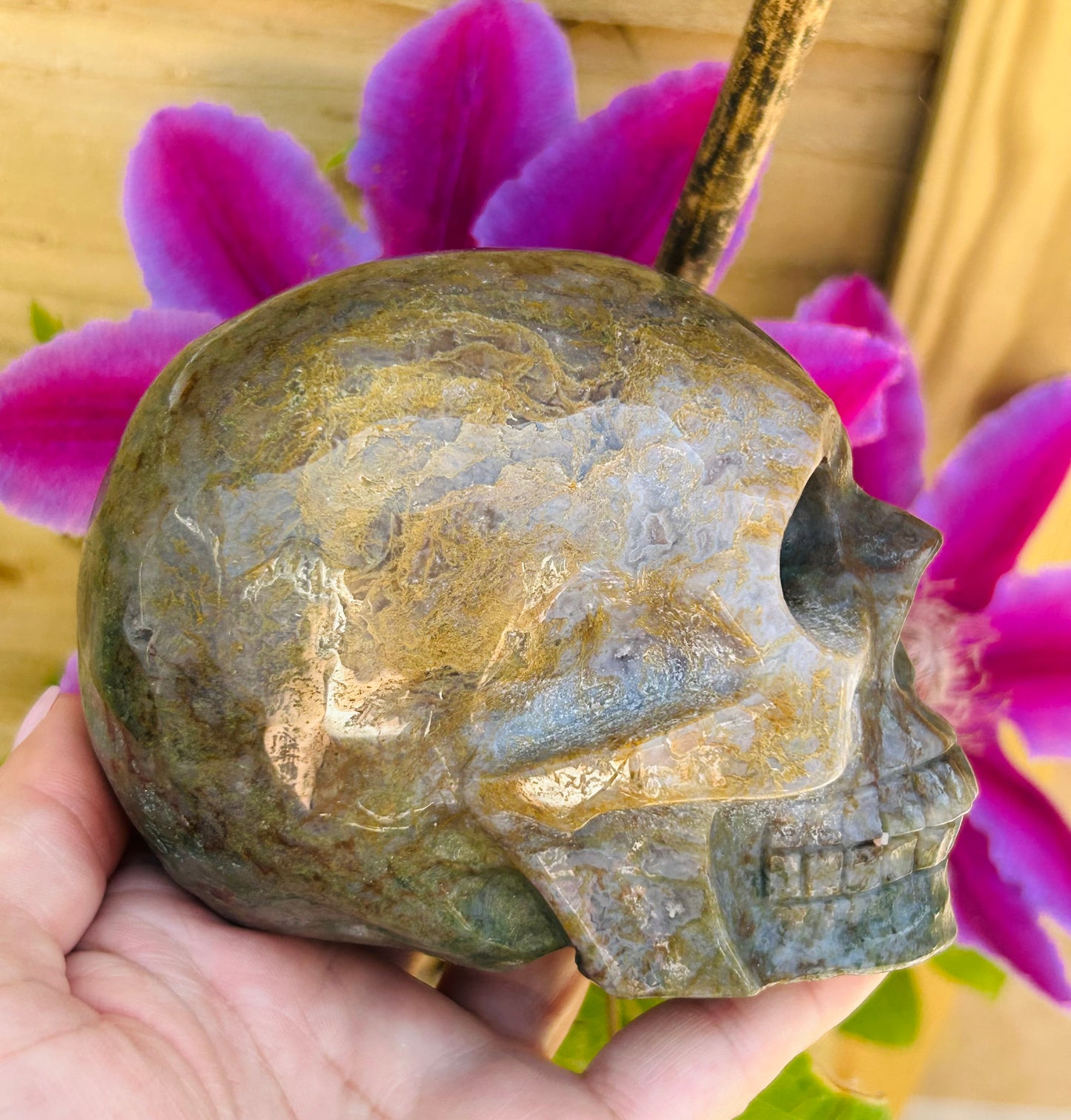 Moss agate skull