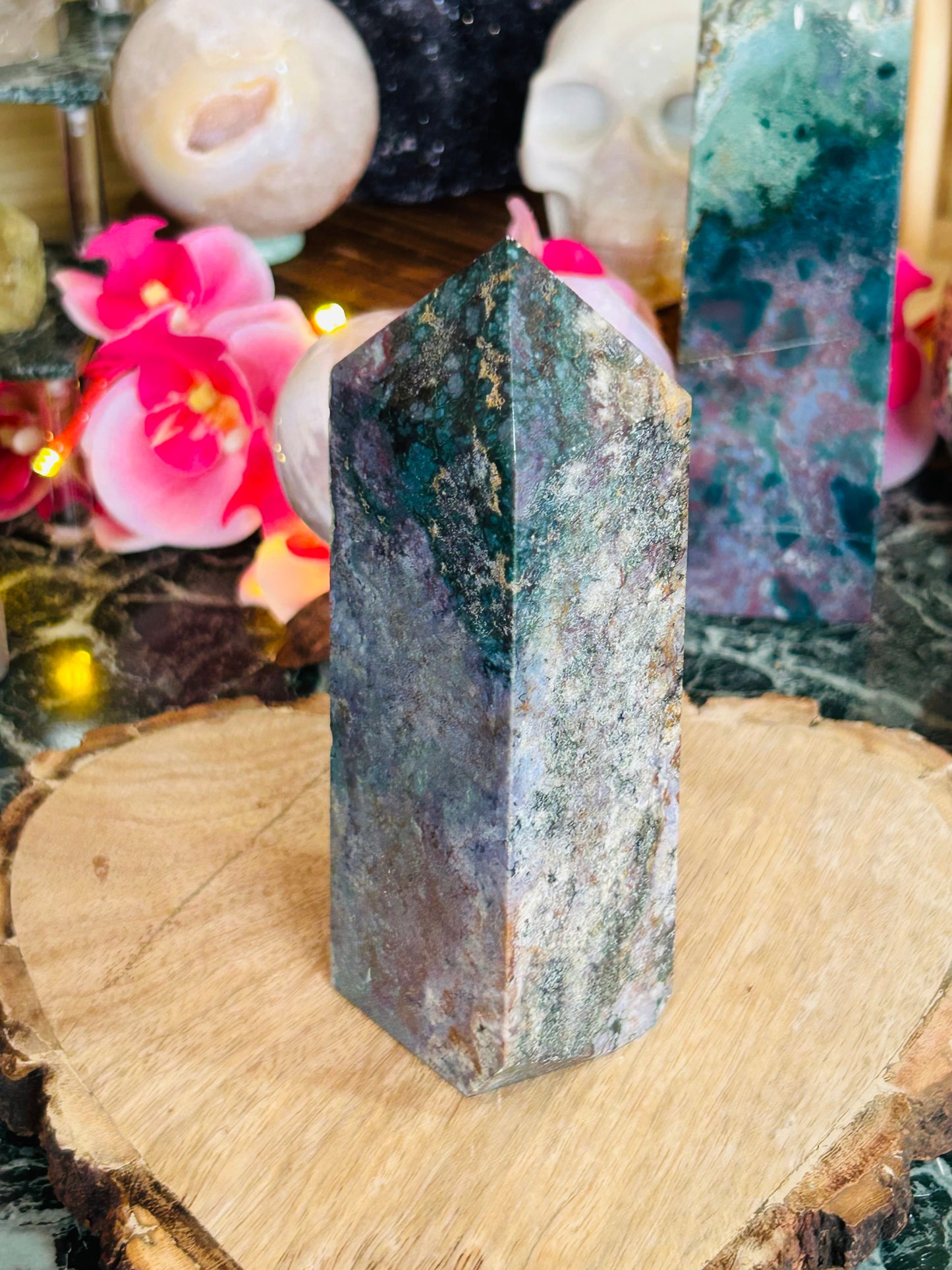 Moss agate with ocean jasper tower
