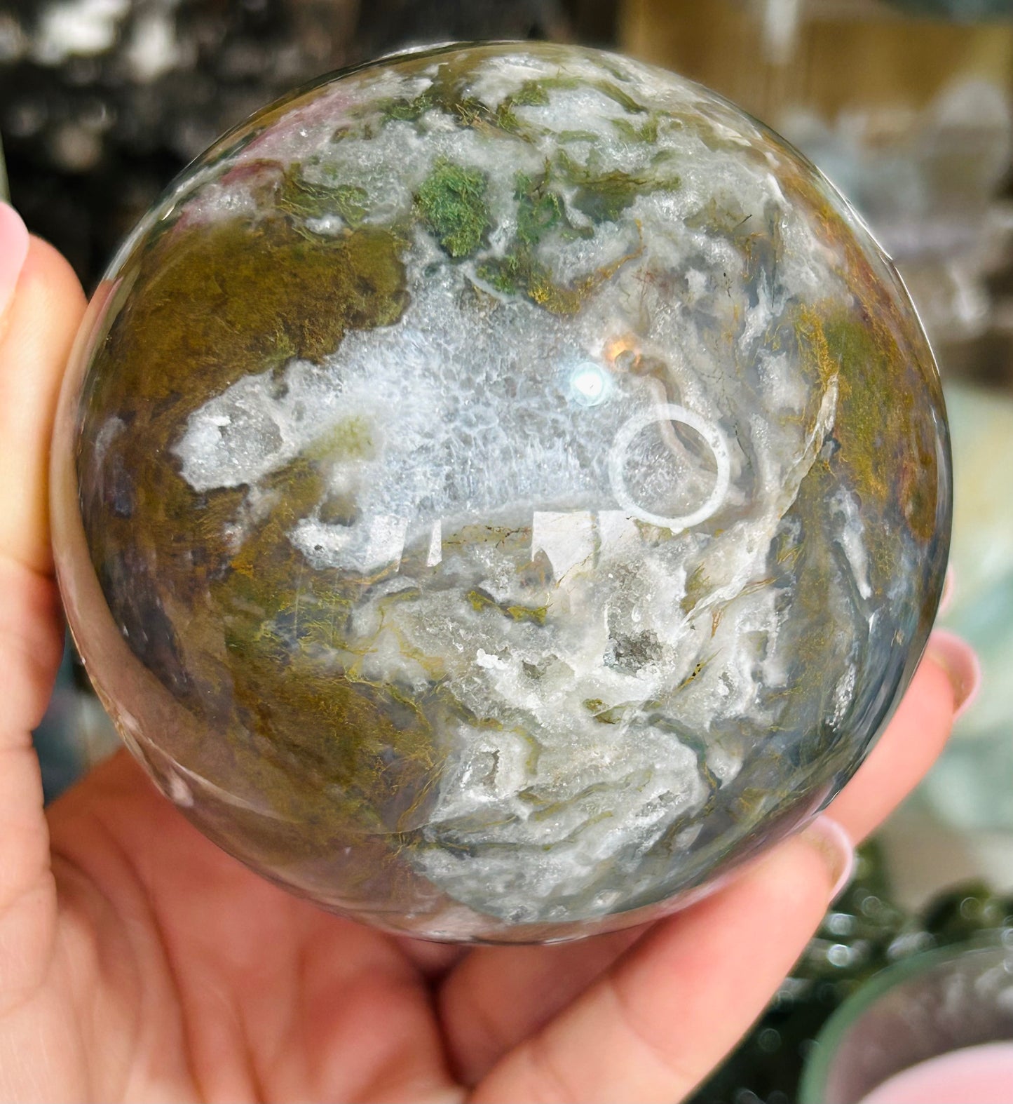 Moss agate druzy sphere