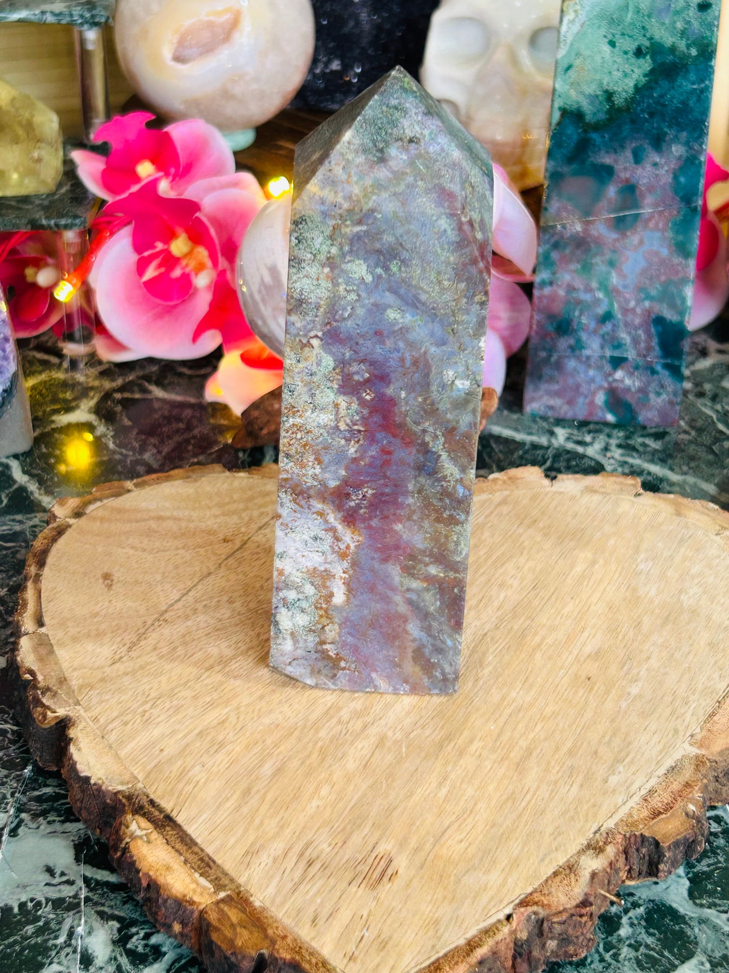 Moss agate with ocean jasper tower