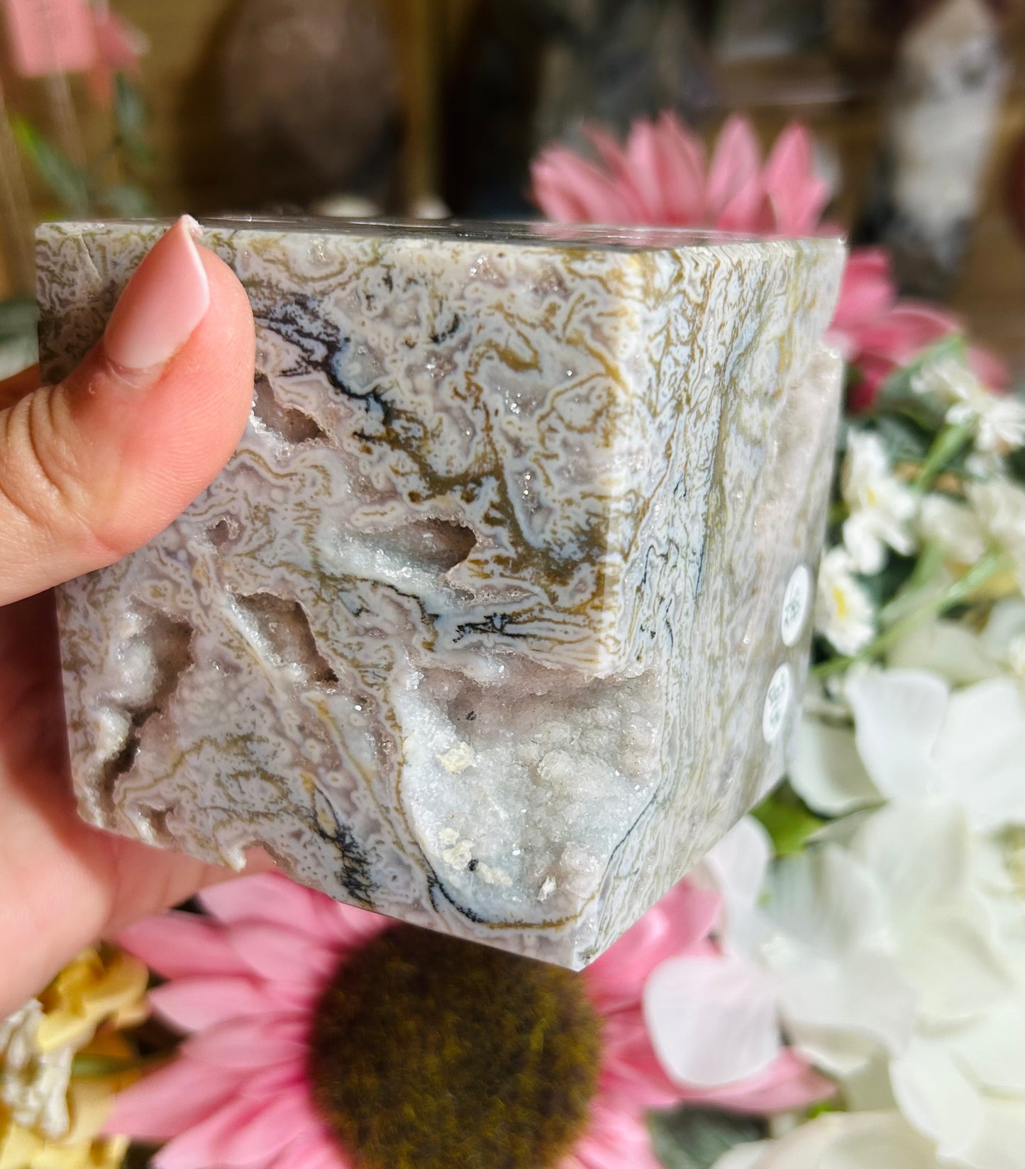 Druzy moss agate cube freestanding
