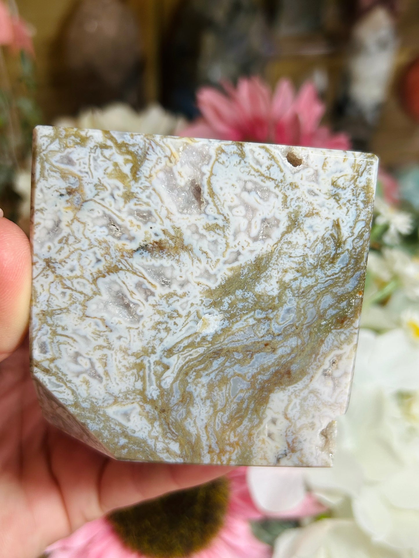 Druzy moss agate cube freestanding