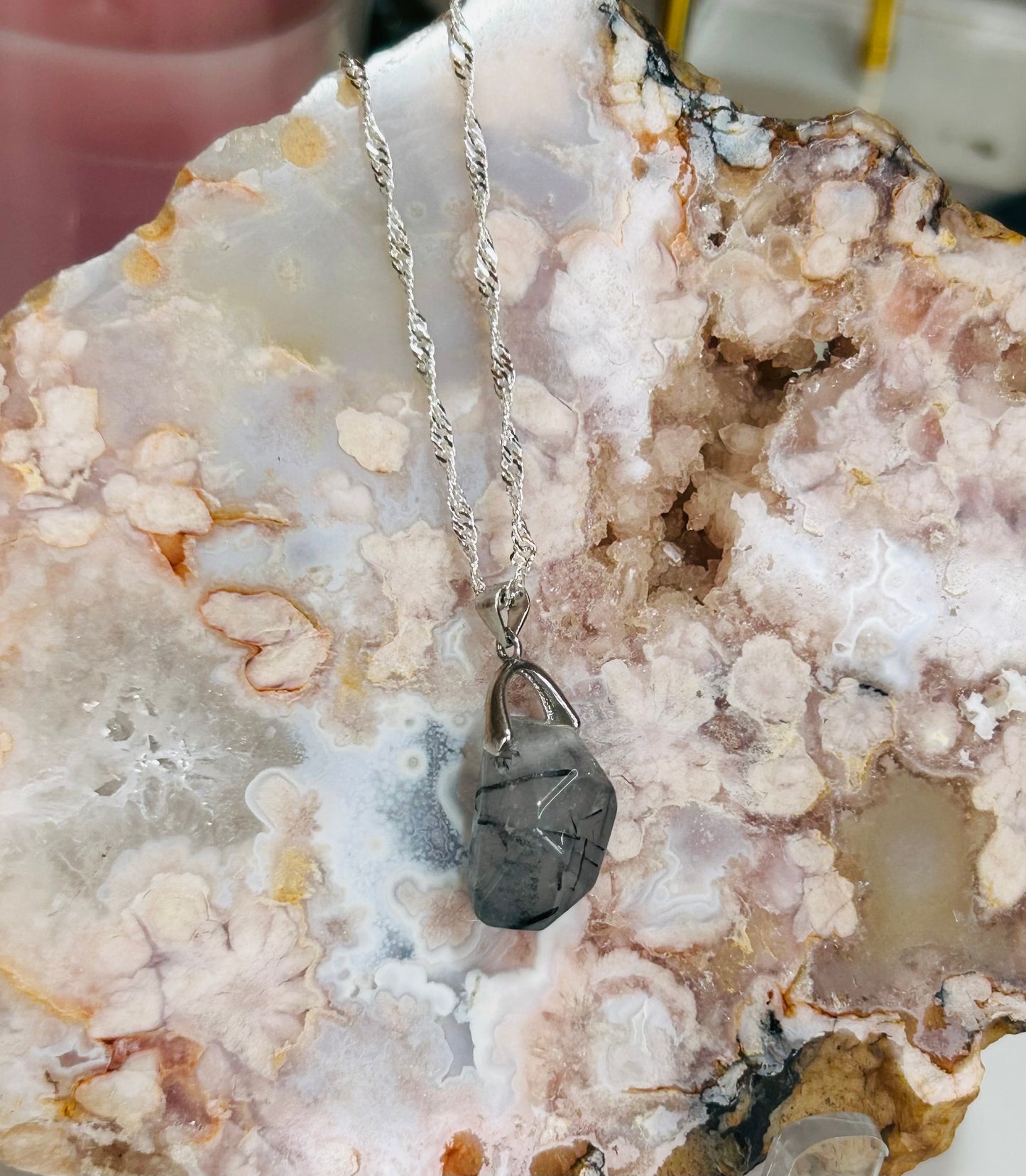 Black tourmaline in quartz s925 necklace 20”
