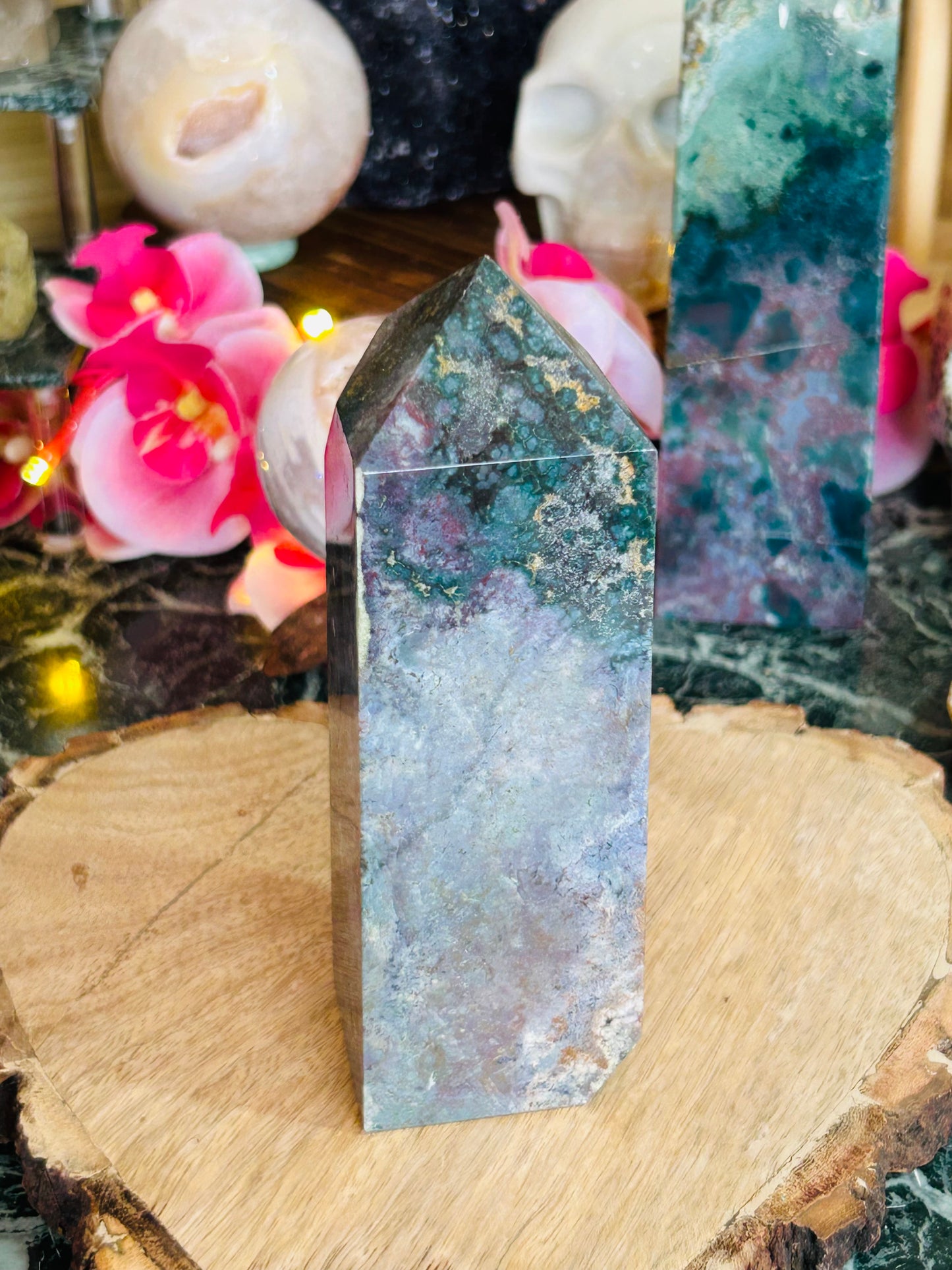 Moss agate with ocean jasper tower