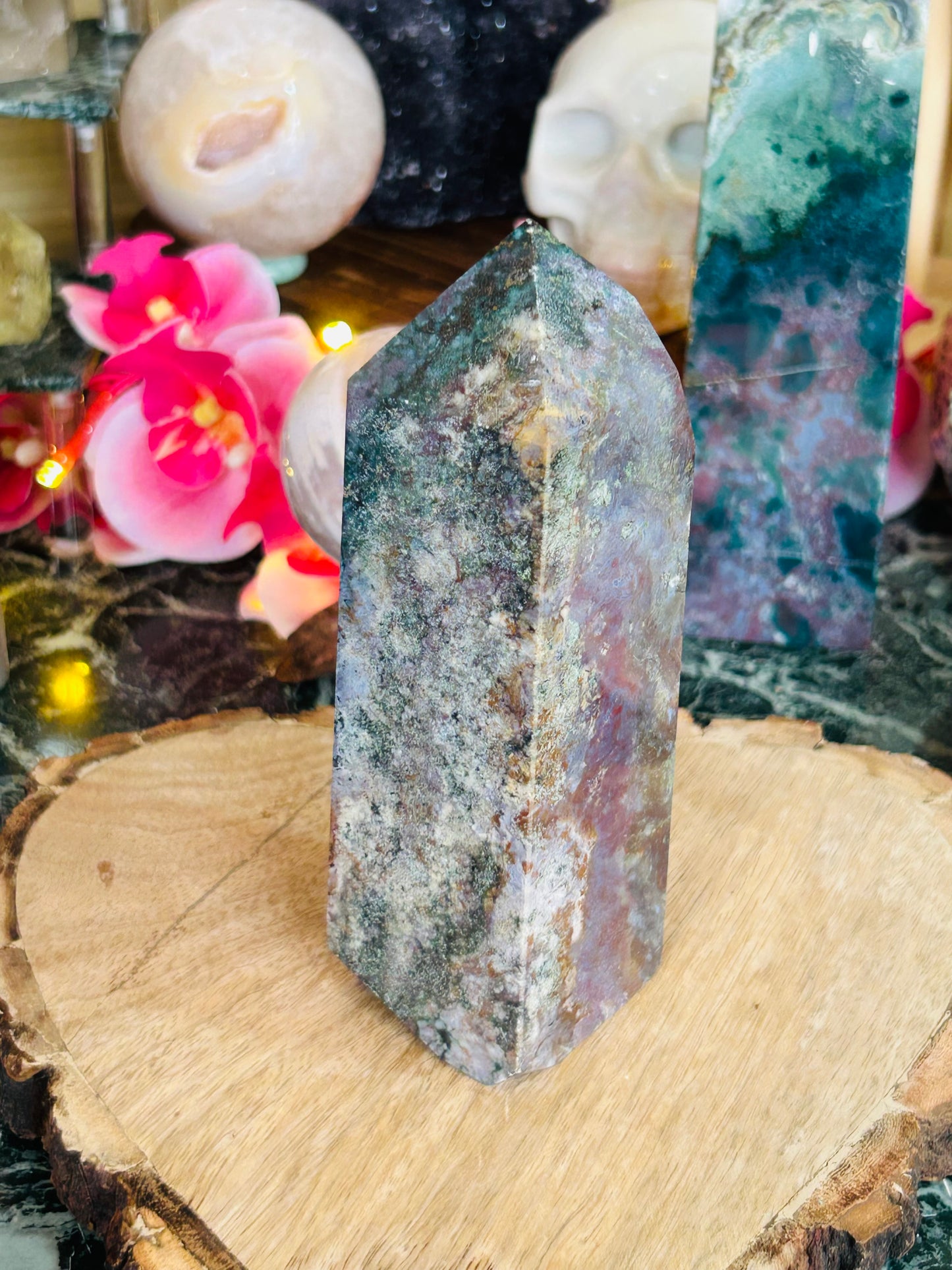 Moss agate with ocean jasper tower