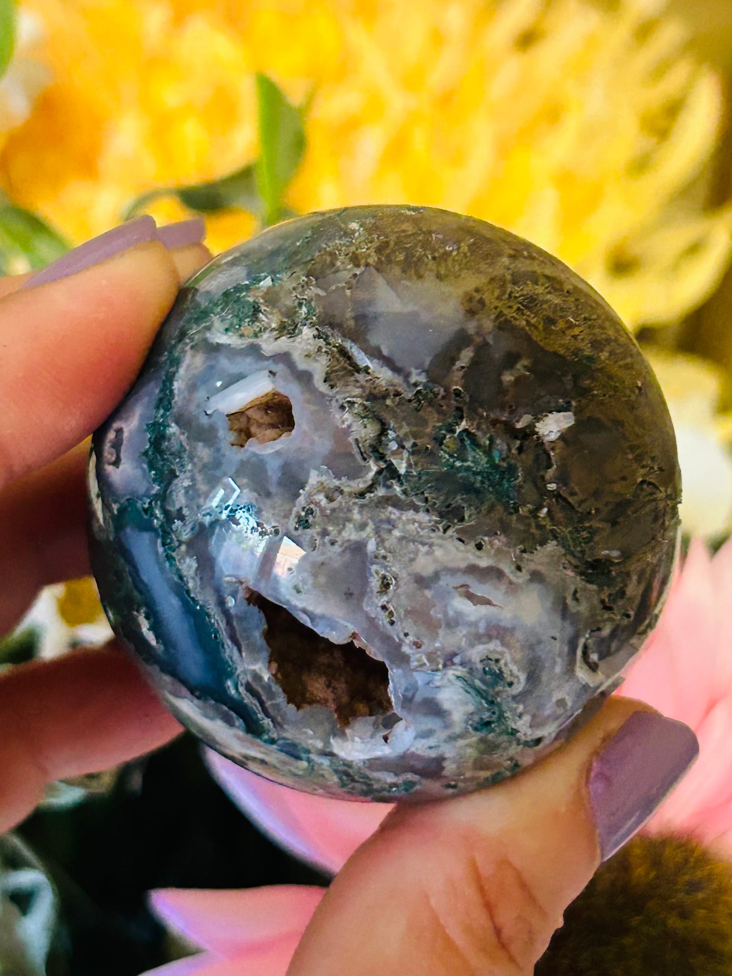 Moss agate natural druzy sphere