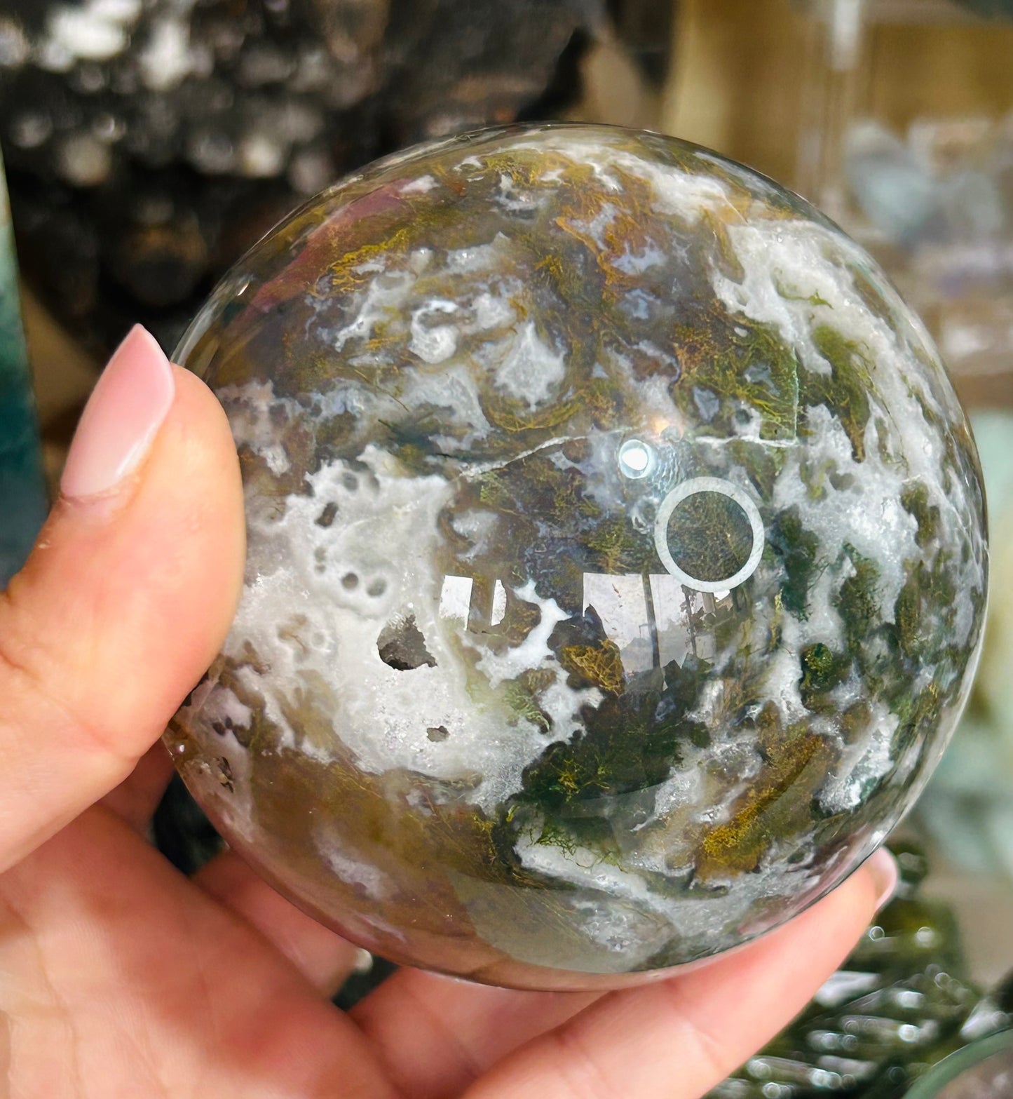 Moss agate druzy sphere