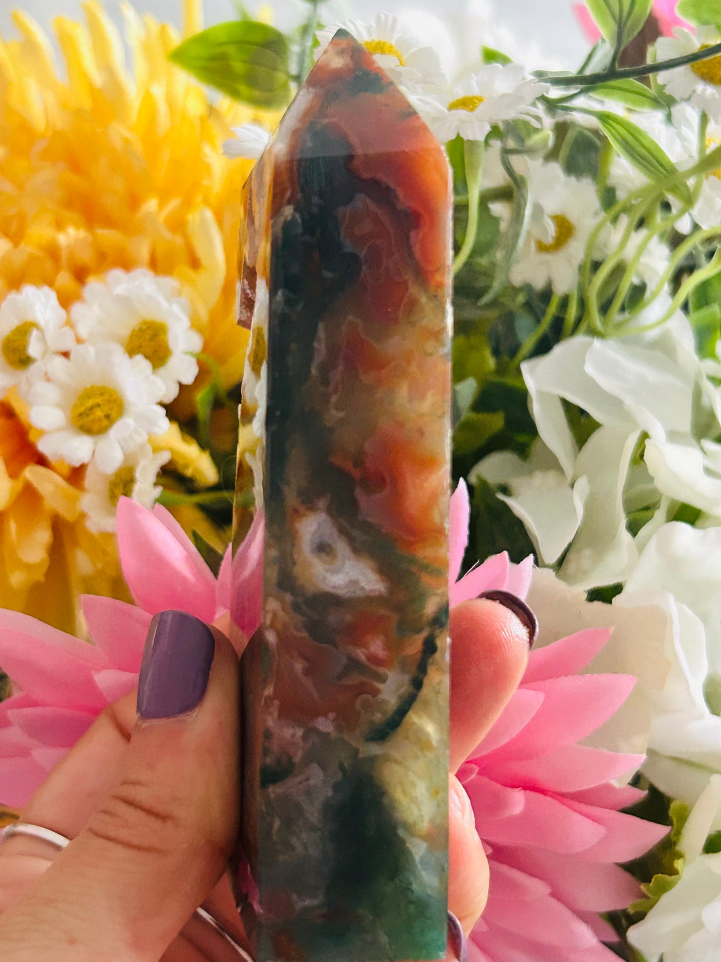Red moss agate druzy tower