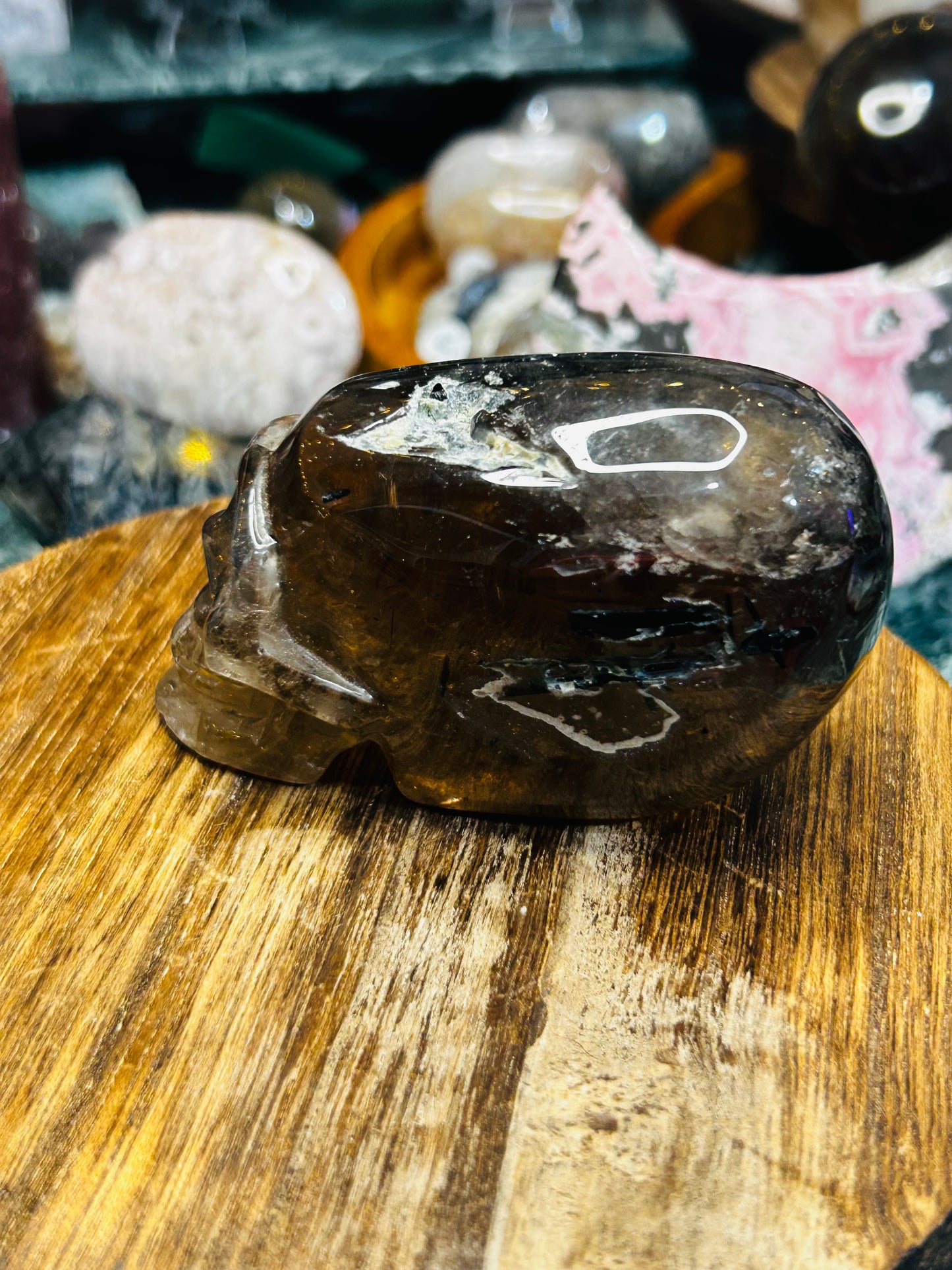Green tourmaline in smoky quartz