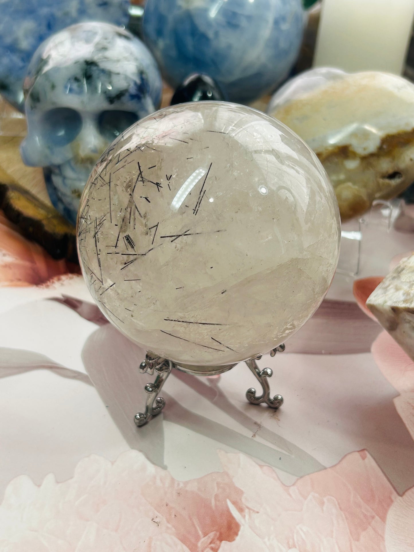 Smoky quartz with black tourmaline rutile sphere