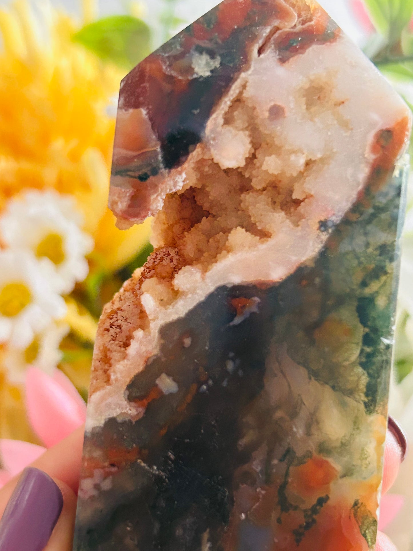 Red moss agate druzy tower