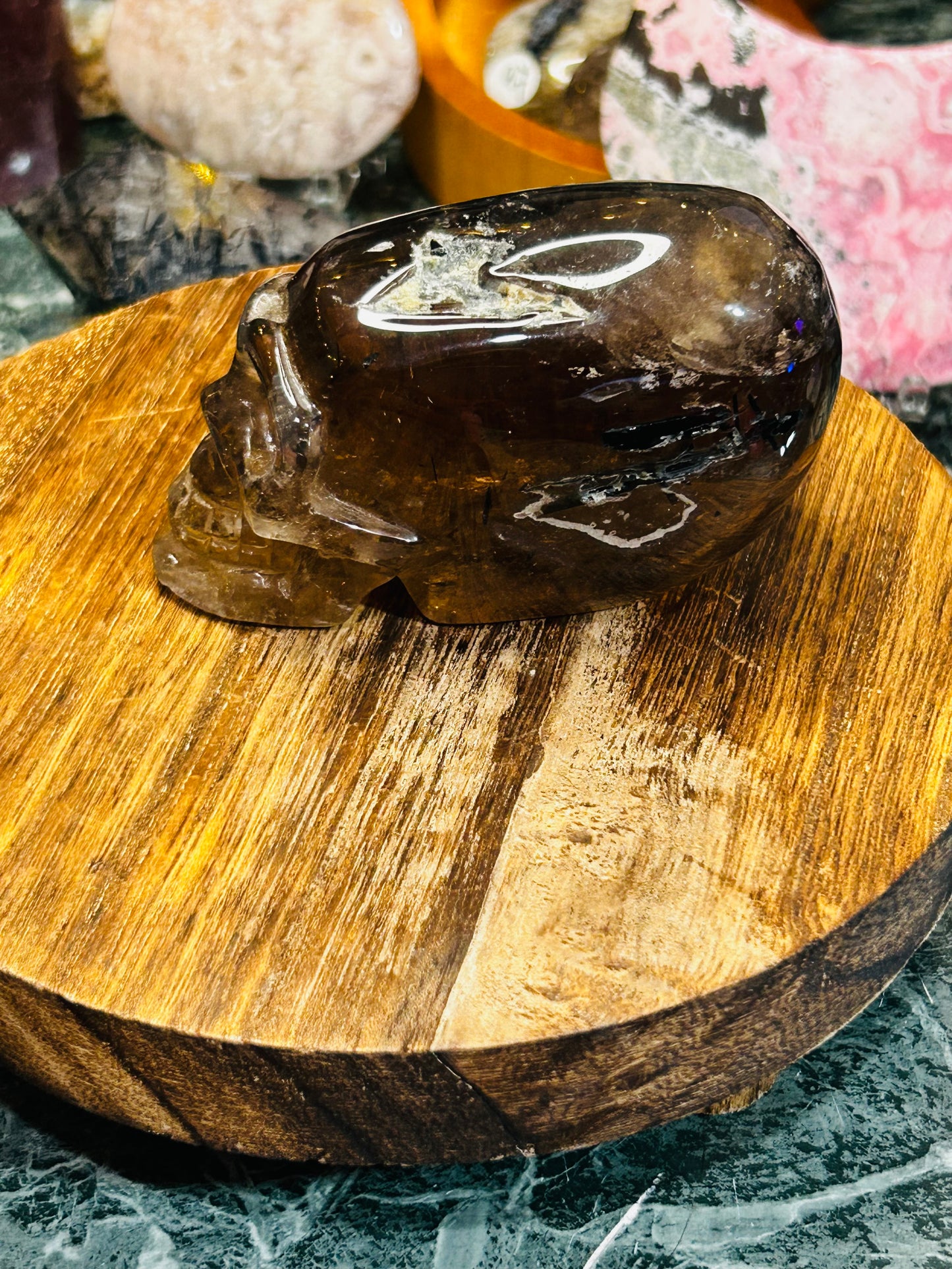 Green tourmaline in smoky quartz