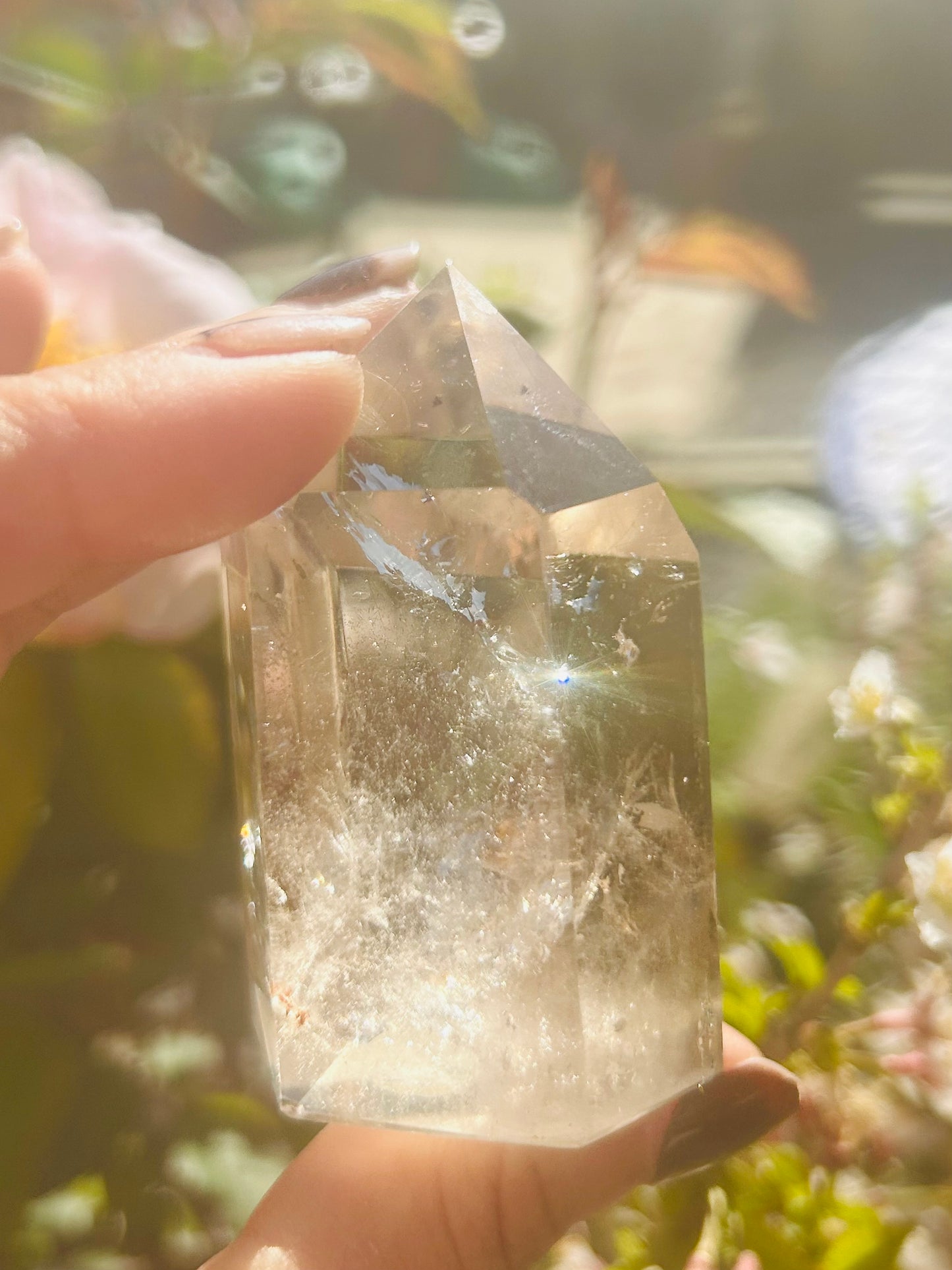 Smoky quartz tower with rutile