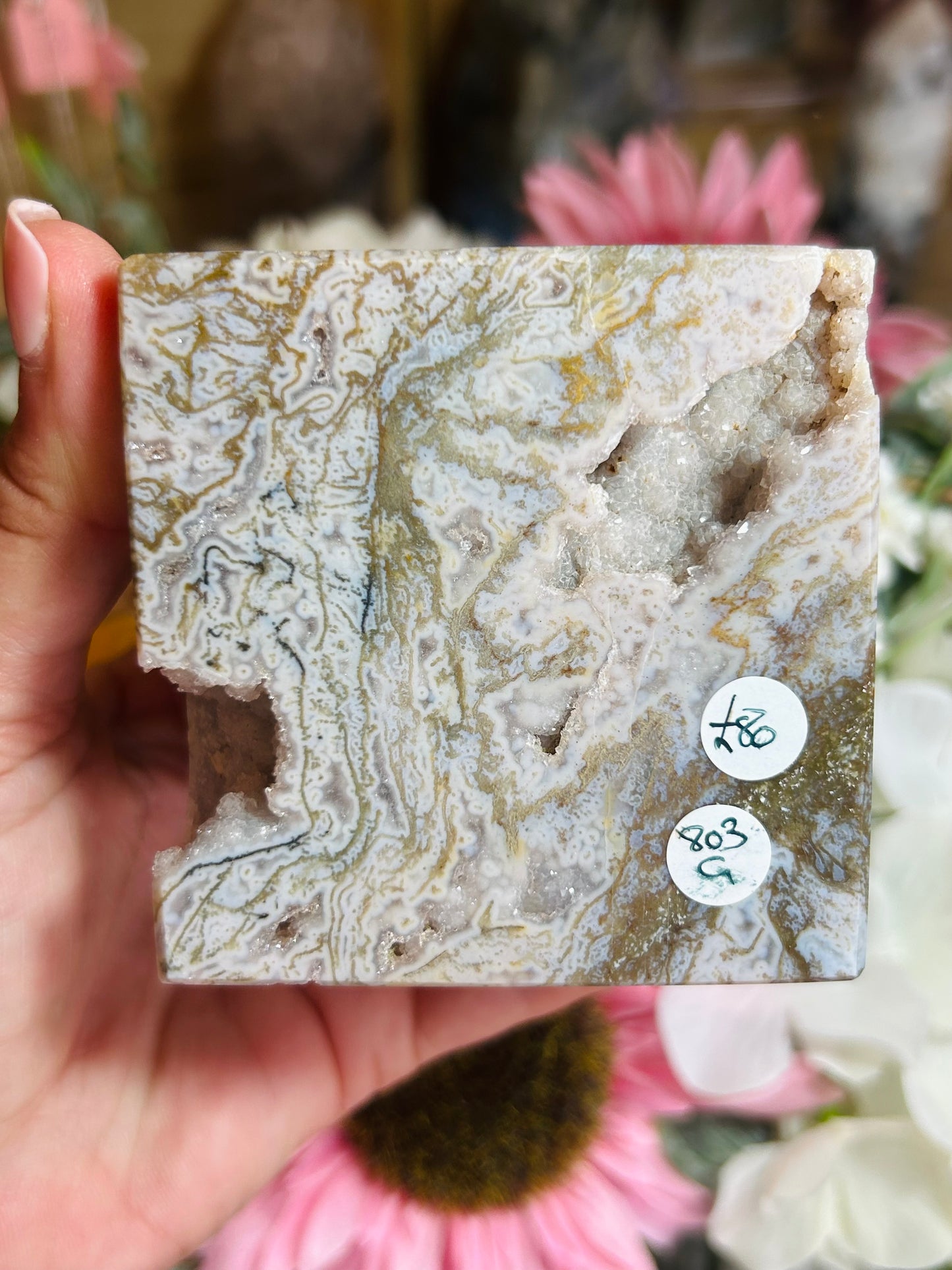 Druzy moss agate cube freestanding