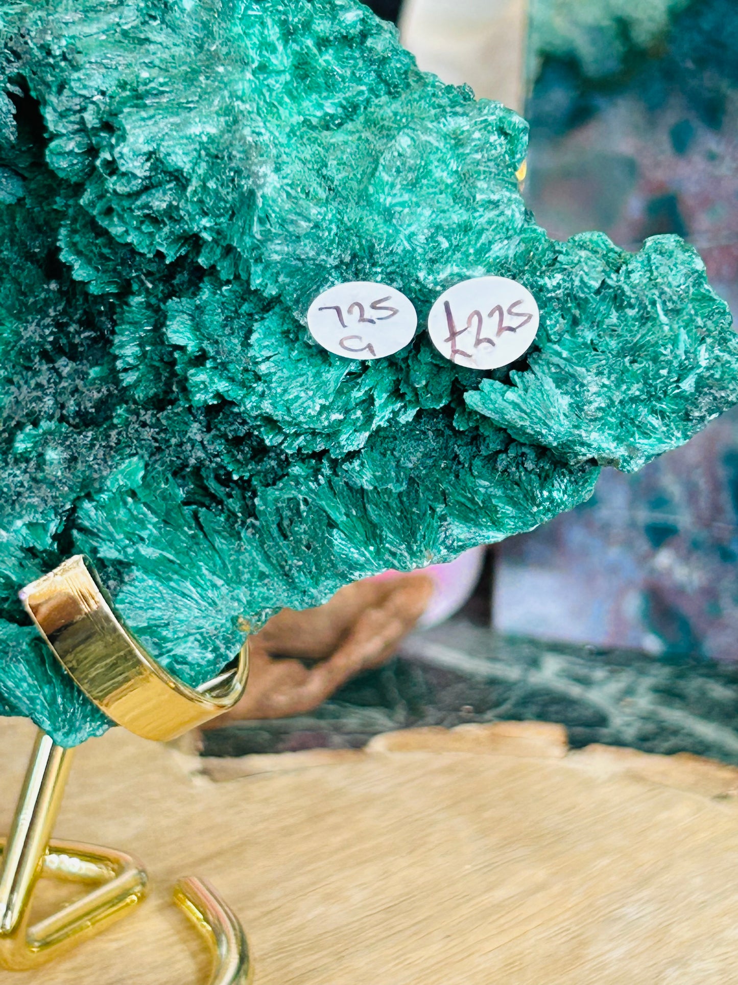 Velvet malachite raw specimen with stand