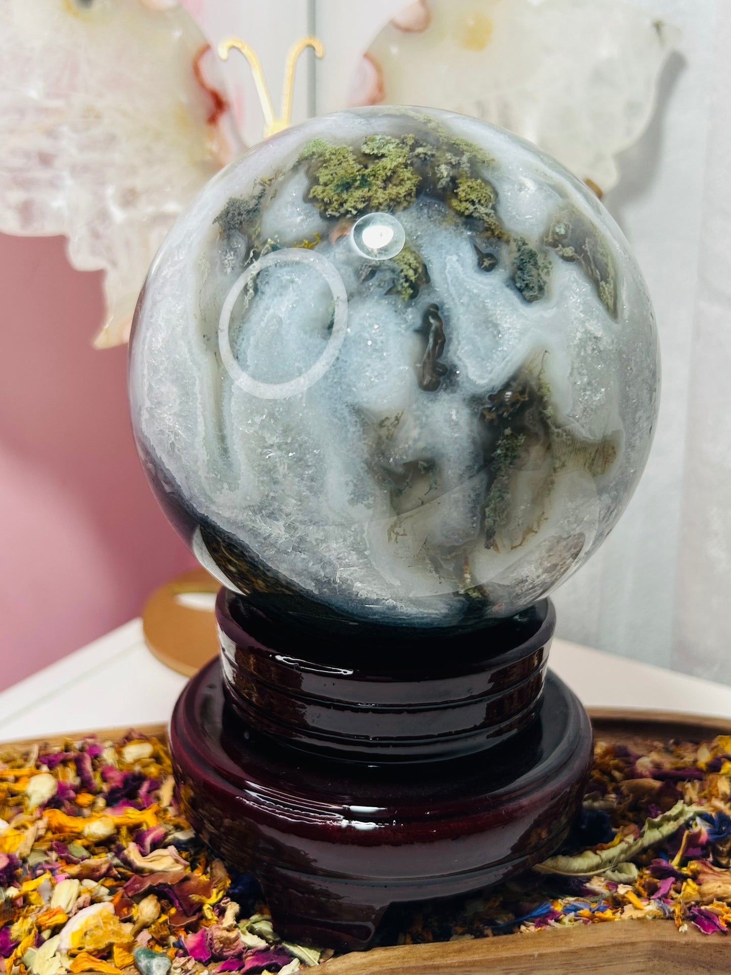 Moss agate sphere with stand £178